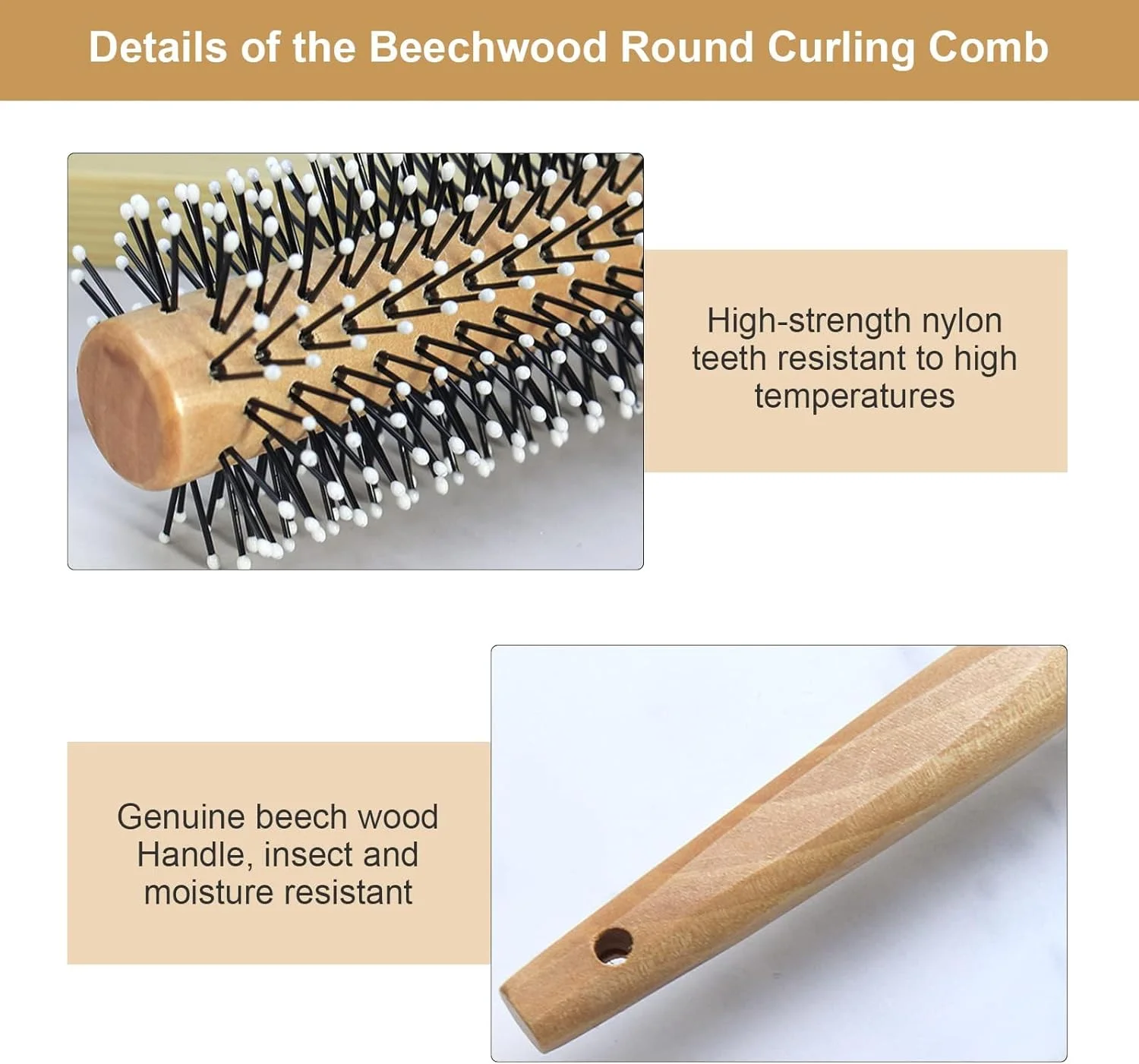 Round Curling Comb with Original Wooden Handle Made of Pure Beech Wood, Gentle Nylon Brush for All Hair Styles, Natural and Gentle Hair Brush for Blow Drying Short Hair, Men's Beards, and Bangs