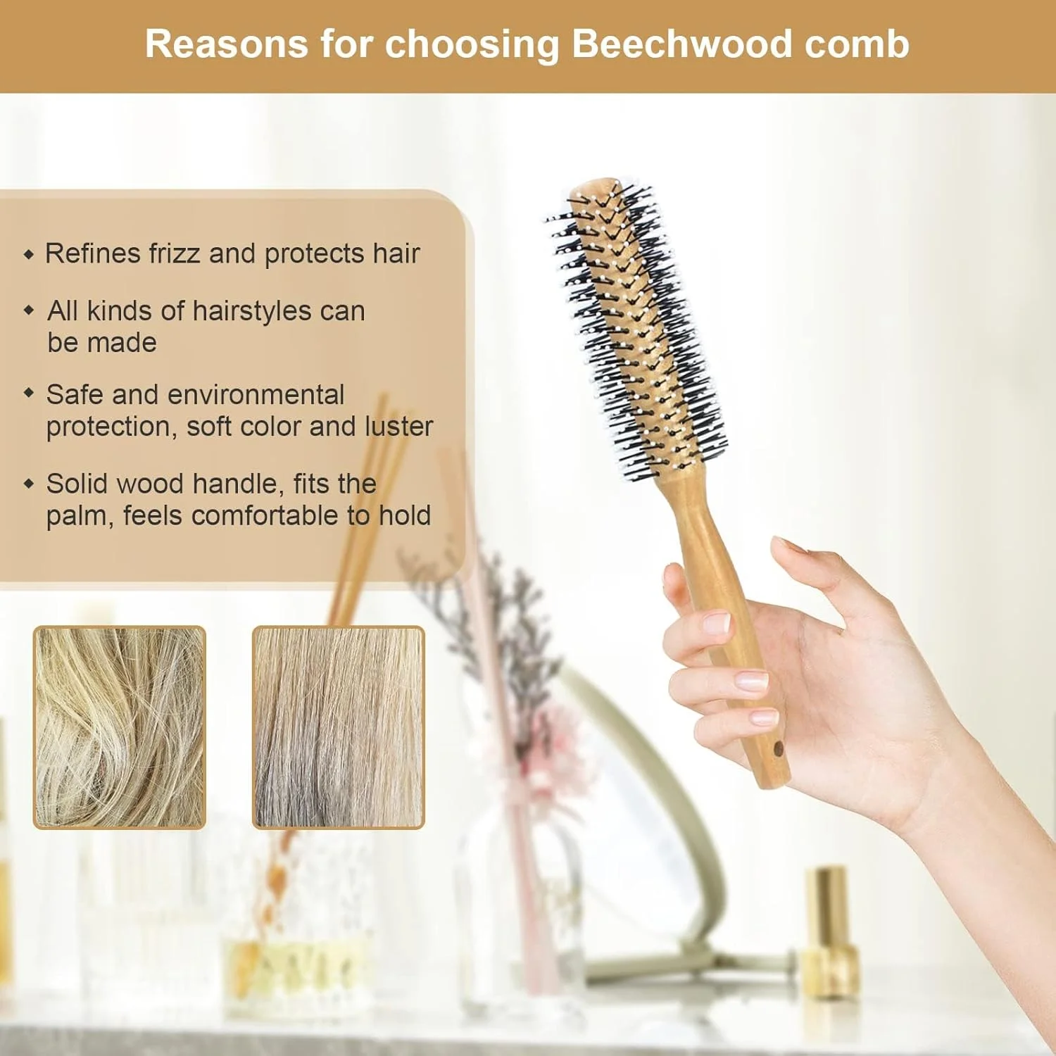 Round Curling Comb with Original Wooden Handle Made of Pure Beech Wood, Gentle Nylon Brush for All Hair Styles, Natural and Gentle Hair Brush for Blow Drying Short Hair, Men's Beards, and Bangs