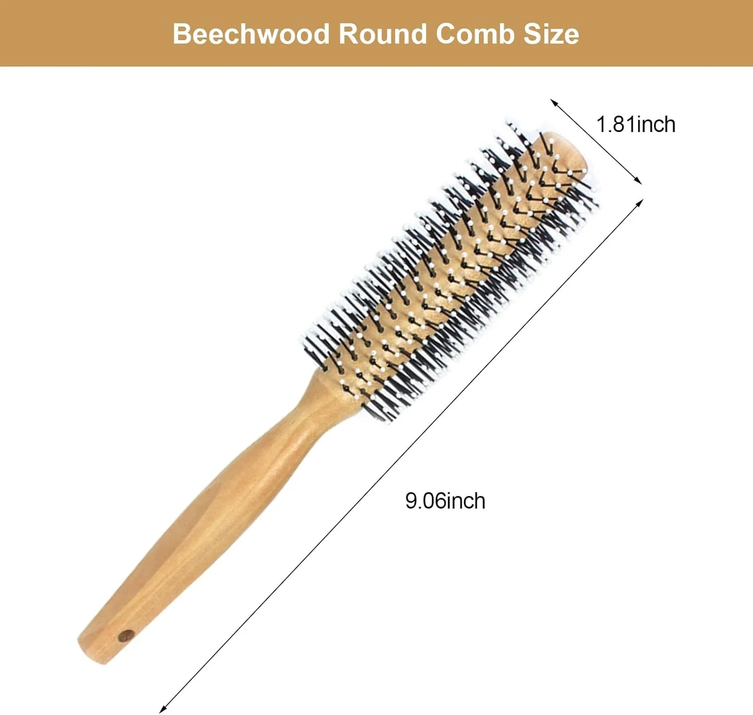 Round Curling Comb with Original Wooden Handle Made of Pure Beech Wood, Gentle Nylon Brush for All Hair Styles, Natural and Gentle Hair Brush for Blow Drying Short Hair, Men's Beards, and Bangs
