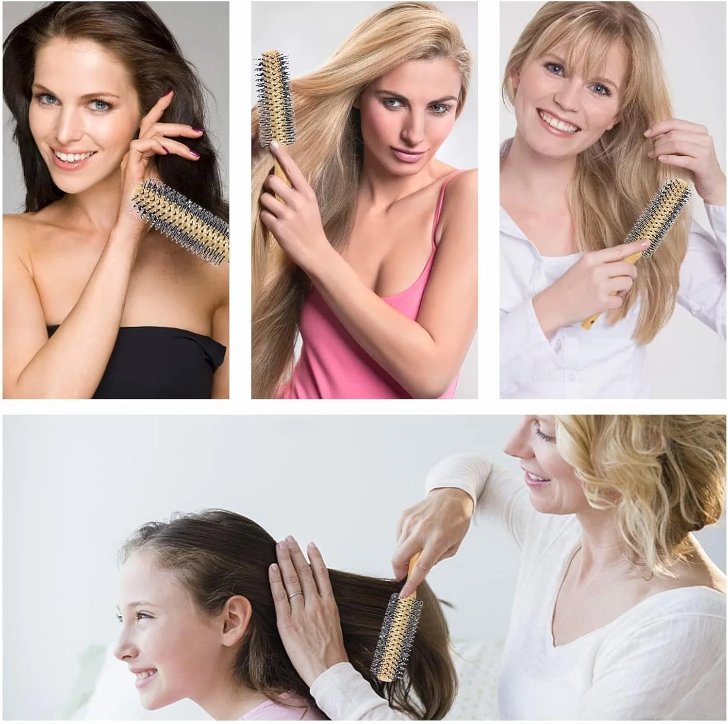 Round Curling Comb with Original Wooden Handle Made of Pure Beech Wood, Gentle Nylon Brush for All Hair Styles, Natural and Gentle Hair Brush for Blow Drying Short Hair, Men's Beards, and Bangs