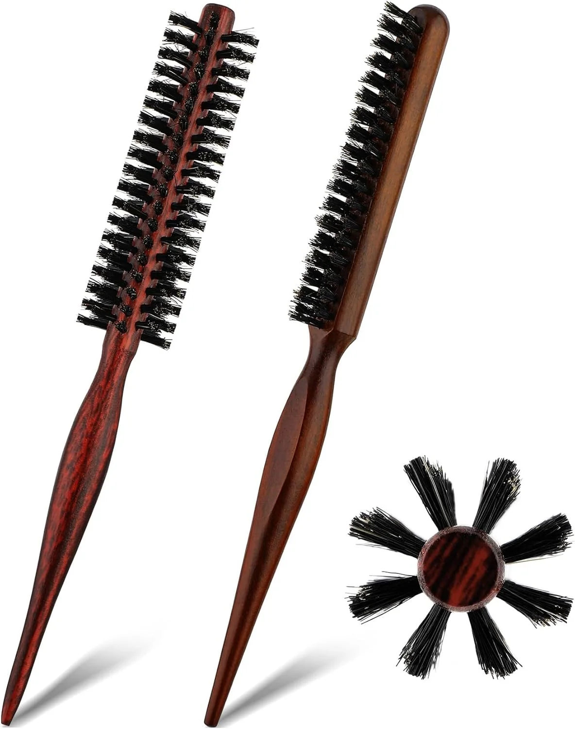 ست برس مو چوبی گرد کوچک 2 عددی با برس نایلونی برای خشک کردن مو، حالت دادن به موهای فر و مراقبت از ریش - شانه های غلتکی کوچک و کوئیف برای استفاده در سالن و منزل، 2 مدل منحصر به فرد
