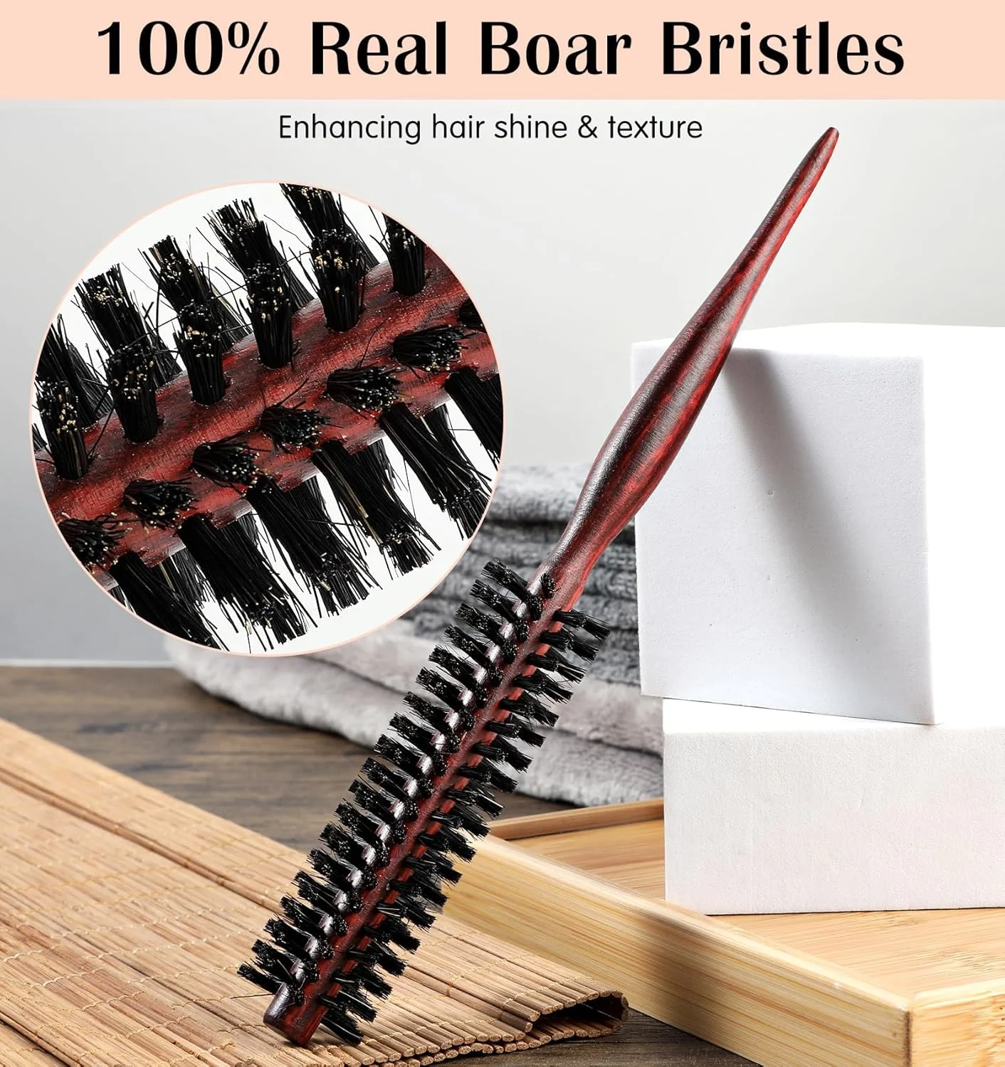 ست برس مو چوبی گرد کوچک 2 عددی با برس نایلونی برای خشک کردن مو، حالت دادن به موهای فر و مراقبت از ریش - شانه های غلتکی کوچک و کوئیف برای استفاده در سالن و منزل، 2 مدل منحصر به فرد