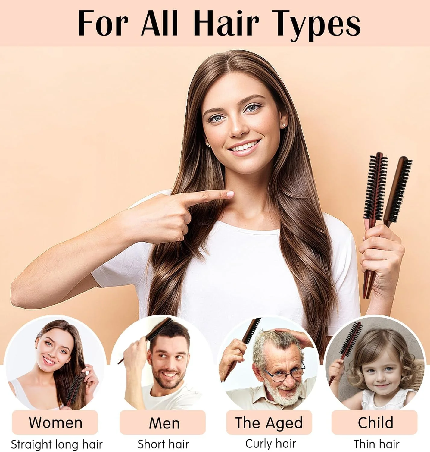 ست برس مو چوبی گرد کوچک 2 عددی با برس نایلونی برای خشک کردن مو، حالت دادن به موهای فر و مراقبت از ریش - شانه های غلتکی کوچک و کوئیف برای استفاده در سالن و منزل، 2 مدل منحصر به فرد