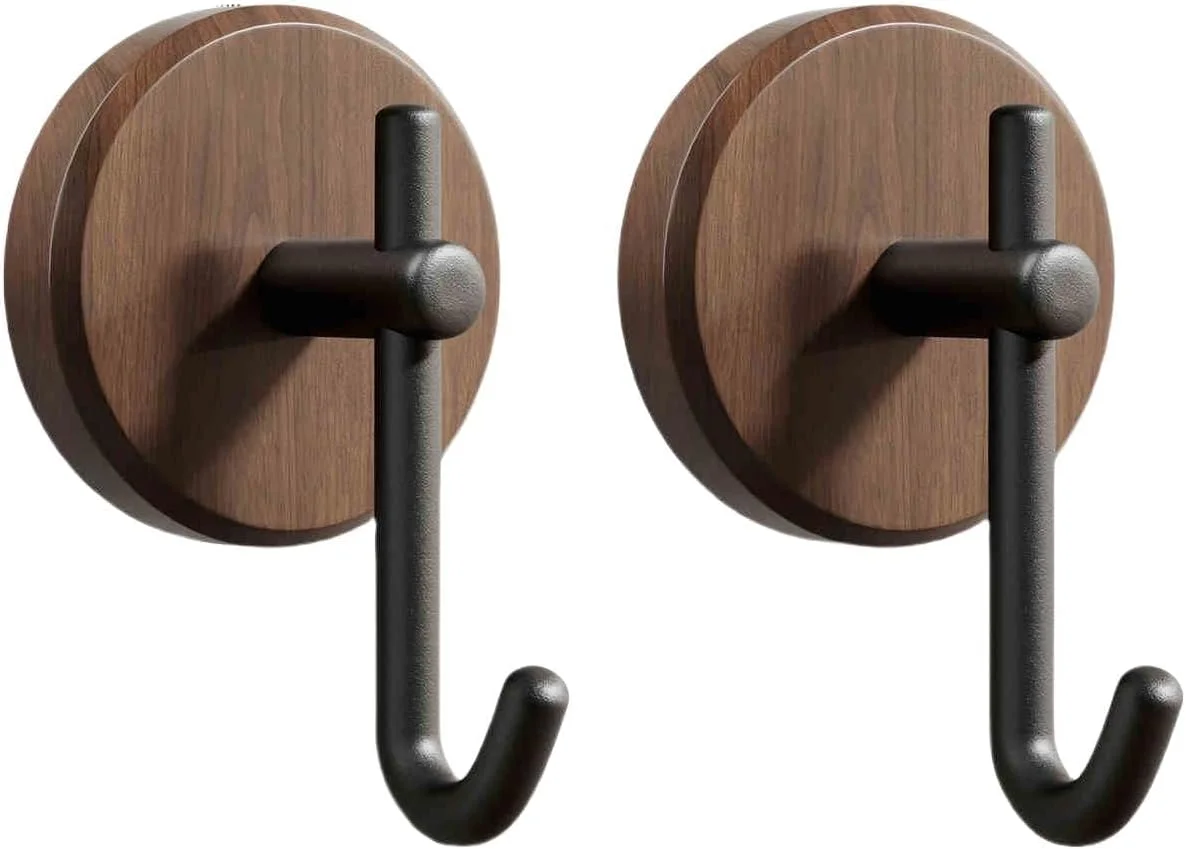 Self-Adhesive Wood Wall Hooks, 2Pcs Dark Walnut Farmhouse No-Drill Hooks for Towels, Keys, Hats, Coats, Robes, Bags, Stylish Home Organizer for Entryway, Bathroom, Bedroom