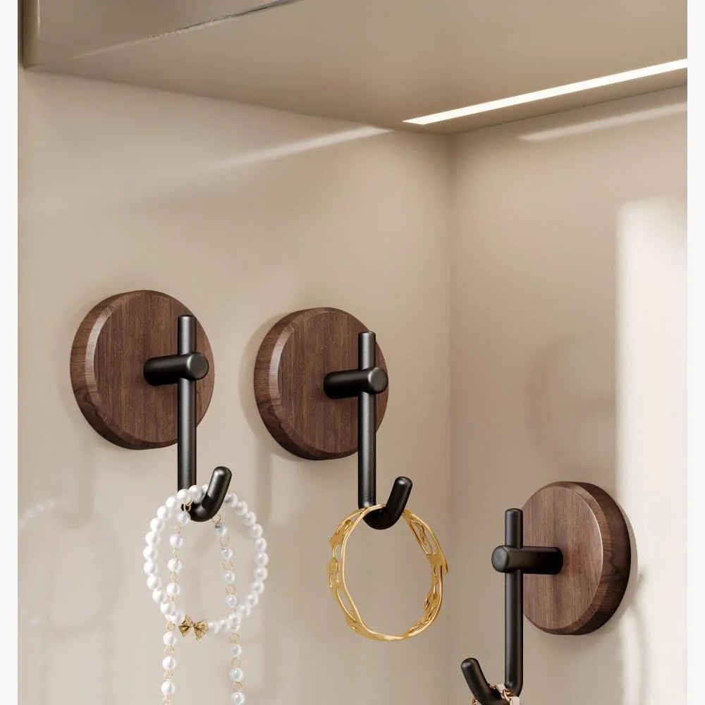 Self-Adhesive Wood Wall Hooks, 2Pcs Dark Walnut Farmhouse No-Drill Hooks for Towels, Keys, Hats, Coats, Robes, Bags, Stylish Home Organizer for Entryway, Bathroom, Bedroom