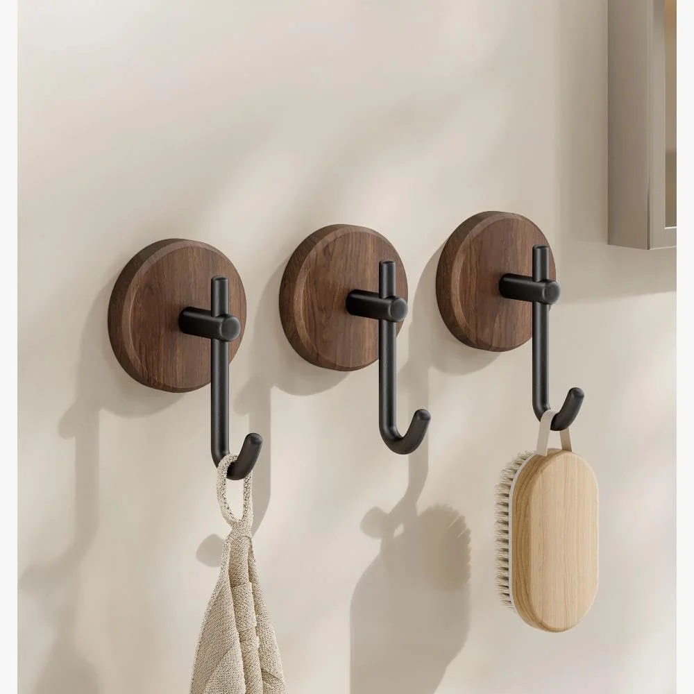 Self-Adhesive Wood Wall Hooks, 2Pcs Dark Walnut Farmhouse No-Drill Hooks for Towels, Keys, Hats, Coats, Robes, Bags, Stylish Home Organizer for Entryway, Bathroom, Bedroom
