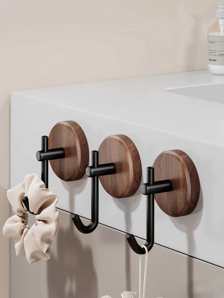 Self-Adhesive Wood Wall Hooks, 2Pcs Dark Walnut Farmhouse No-Drill Hooks for Towels, Keys, Hats, Coats, Robes, Bags, Stylish Home Organizer for Entryway, Bathroom, Bedroom
