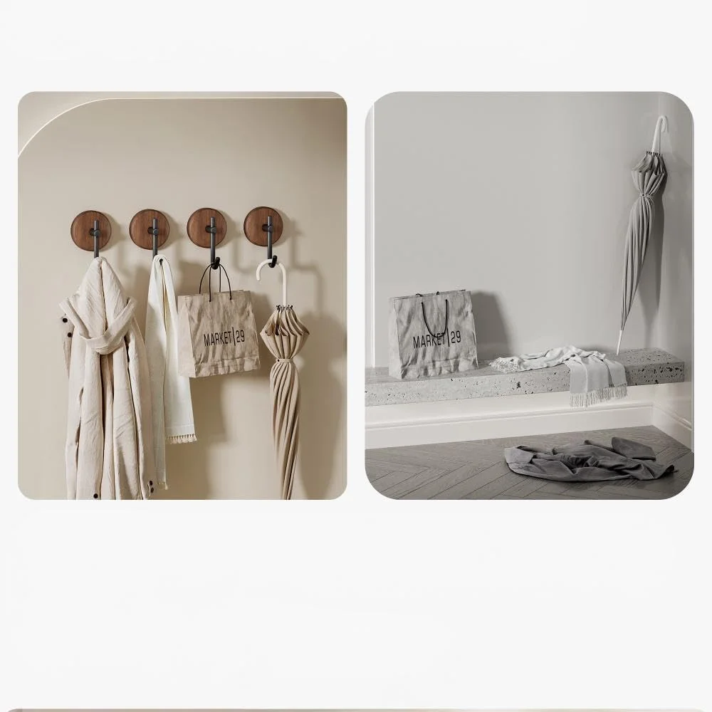 Self-Adhesive Wood Wall Hooks, 2Pcs Dark Walnut Farmhouse No-Drill Hooks for Towels, Keys, Hats, Coats, Robes, Bags, Stylish Home Organizer for Entryway, Bathroom, Bedroom
