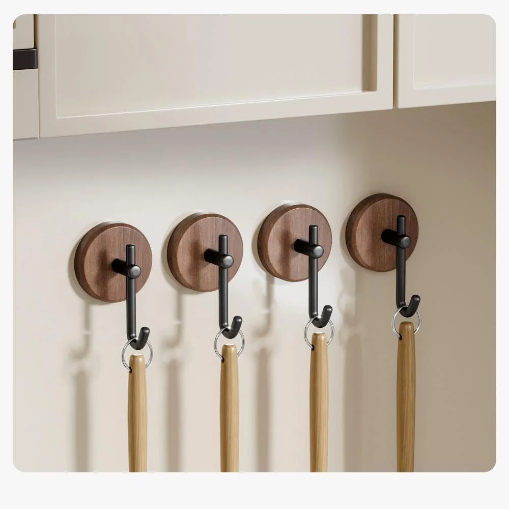 Self-Adhesive Wood Wall Hooks, 2Pcs Dark Walnut Farmhouse No-Drill Hooks for Towels, Keys, Hats, Coats, Robes, Bags, Stylish Home Organizer for Entryway, Bathroom, Bedroom