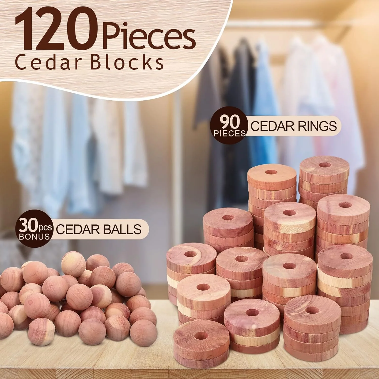 بلوک های چوبی سدر KASTWAVE 50 عددی برای نگهداری لباس - 25 توپ و 25 حلقه، خوشبو کننده طبیعی معطر برای کفش، کشو و کمد