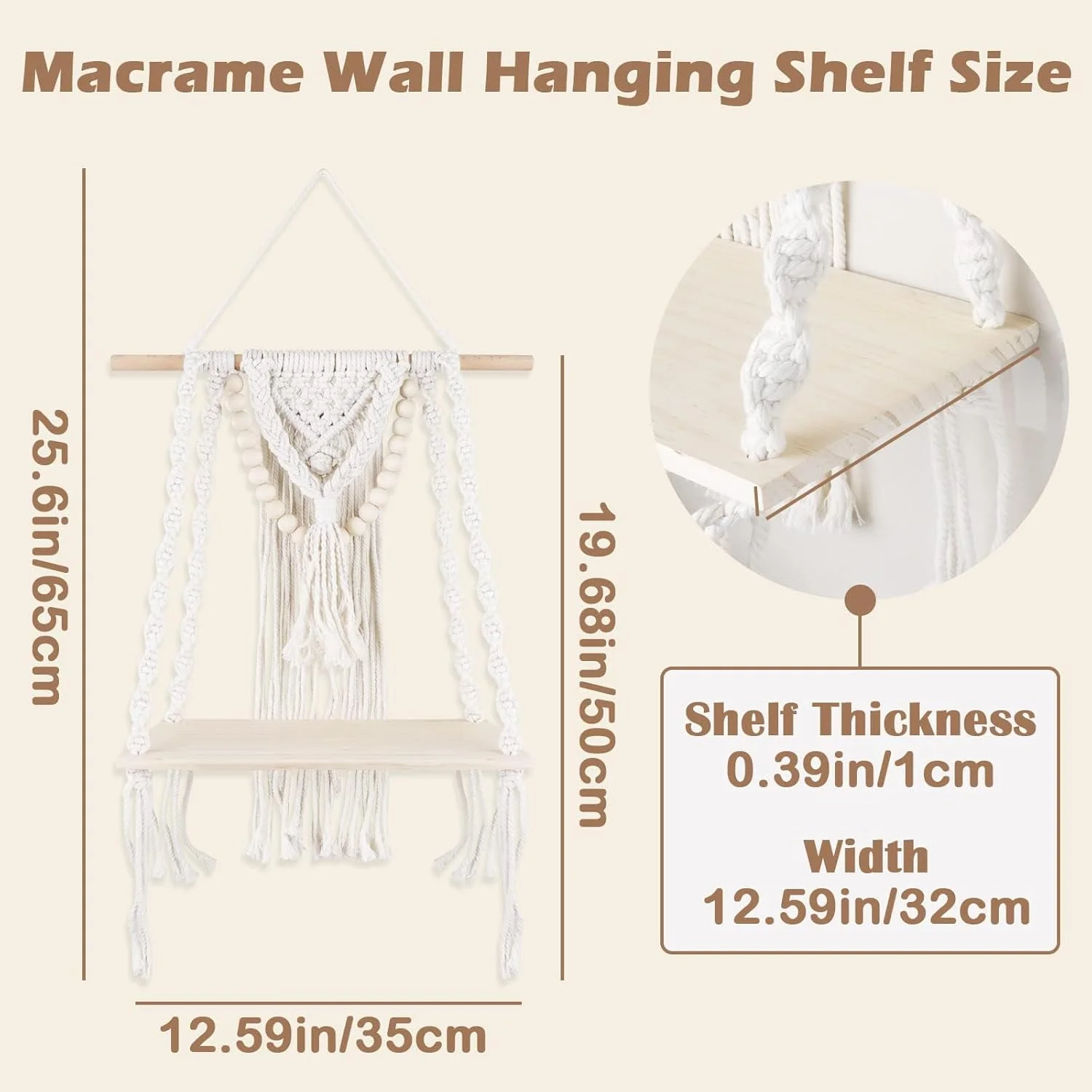 شلف دیواری مکرومه KASTWAVE، دکور دست ساز بوهمی، شلف شناور چوبی برای اتاق خواب، اتاق نشیمن، اتاق کودک، حمام، سازمان دهنده طناب بافته شده دست ساز