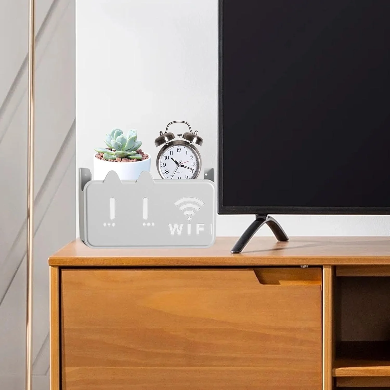 جعبه نگهداری روتر وای فای دیواری، قفسه شناور دیواری، بدون نیاز به سوراخکاری، استایل شیک، نگهدارنده دیواری دستگاه کوچک برای دکور قفسه هنری روتر وای فای اتاق خانه (خاکستری)