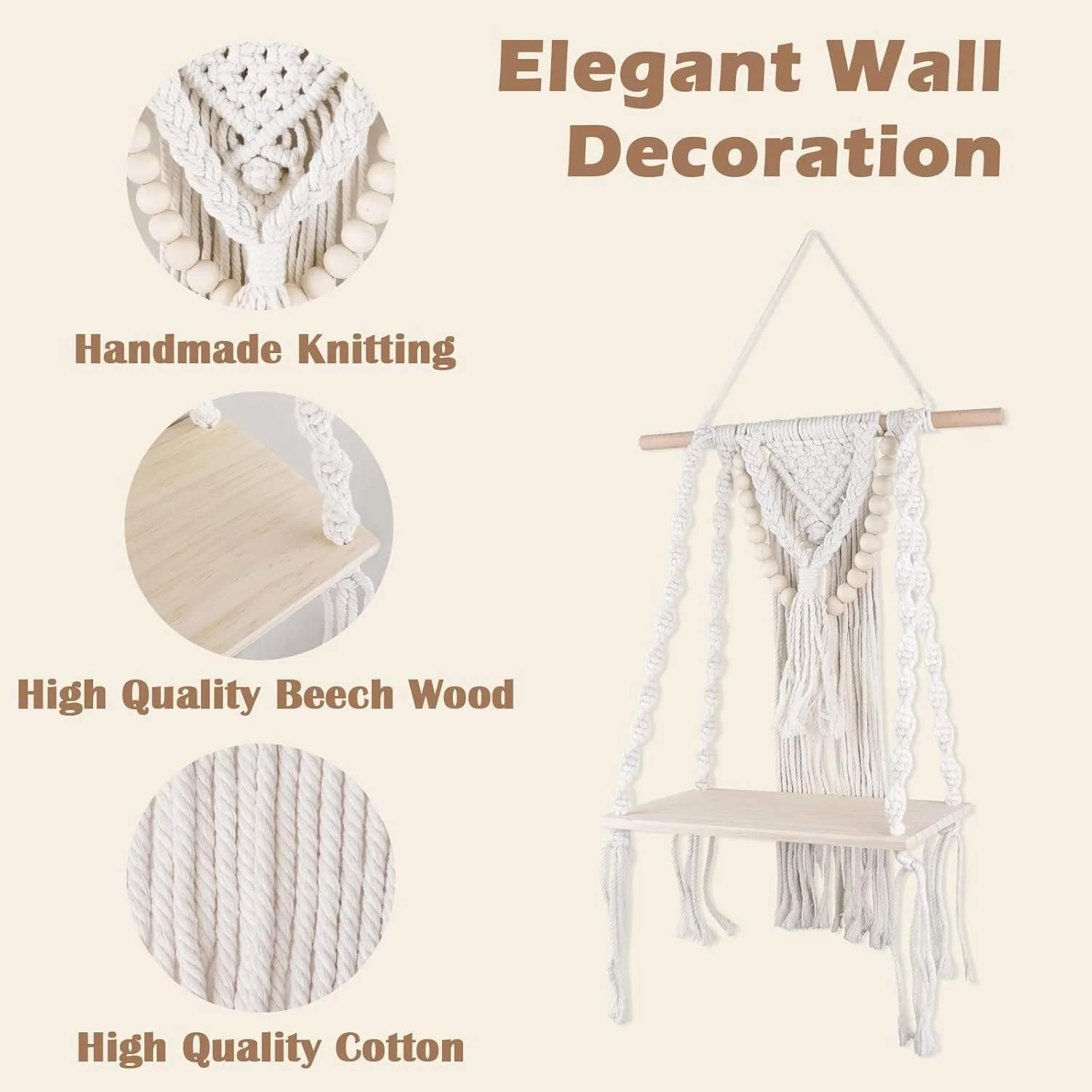 شلف دیواری مکرومه KASTWAVE، دکور دست ساز بوهمی، شلف شناور چوبی برای اتاق خواب، اتاق نشیمن، اتاق کودک، حمام، سازمان دهنده طناب بافته شده دست ساز