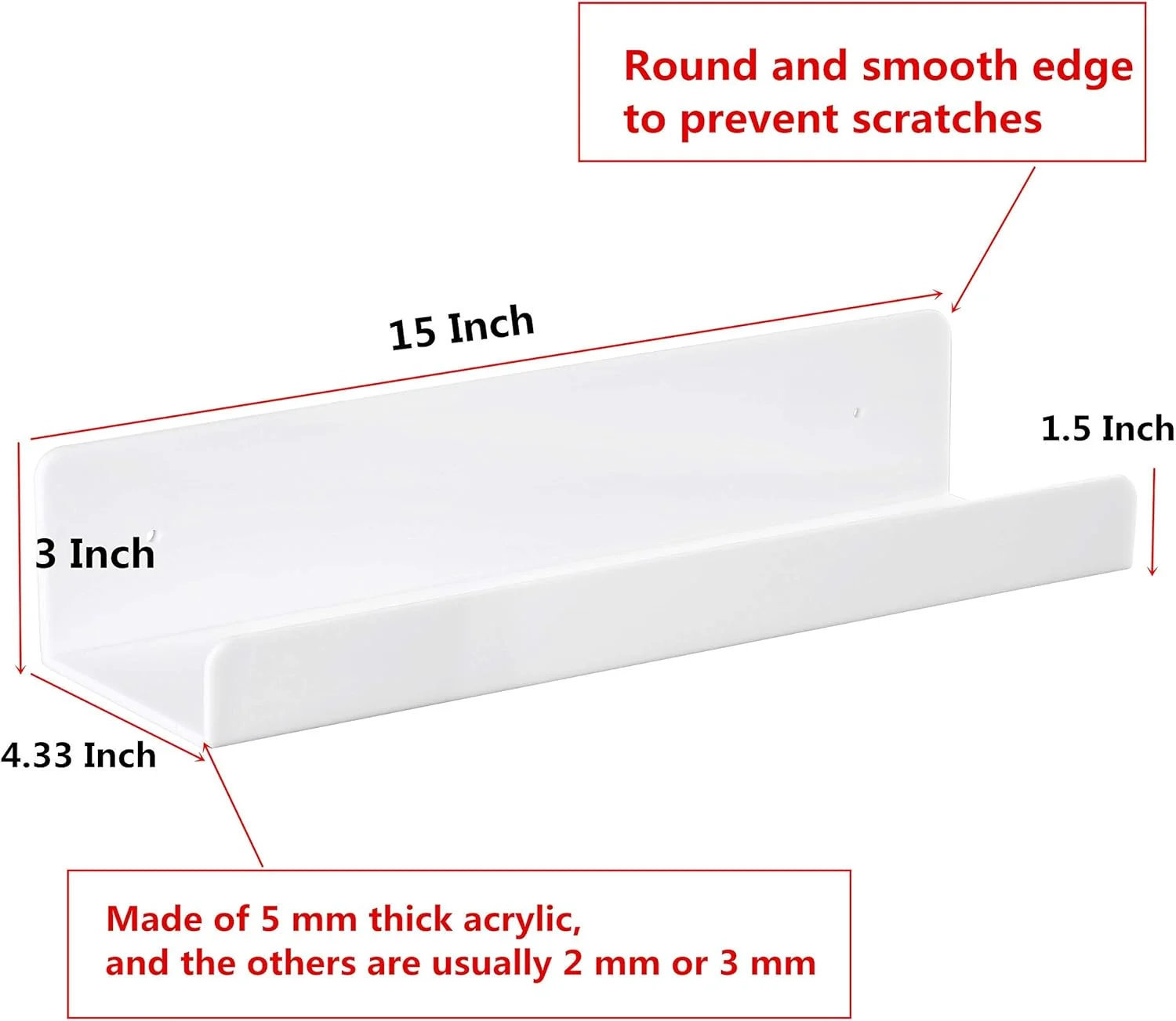 قفسه شناور آکریلیک سفید KASTWAVE، طاقچه نمایشگر 15 اینچی، قفسه ذخیره سازی دیواری برای آشپزخانه/حمام/دفتر، قفسه کتاب کودک و قفسه ادویه جات ضخامت 5 میلی متر، مجموعه 2 عددی