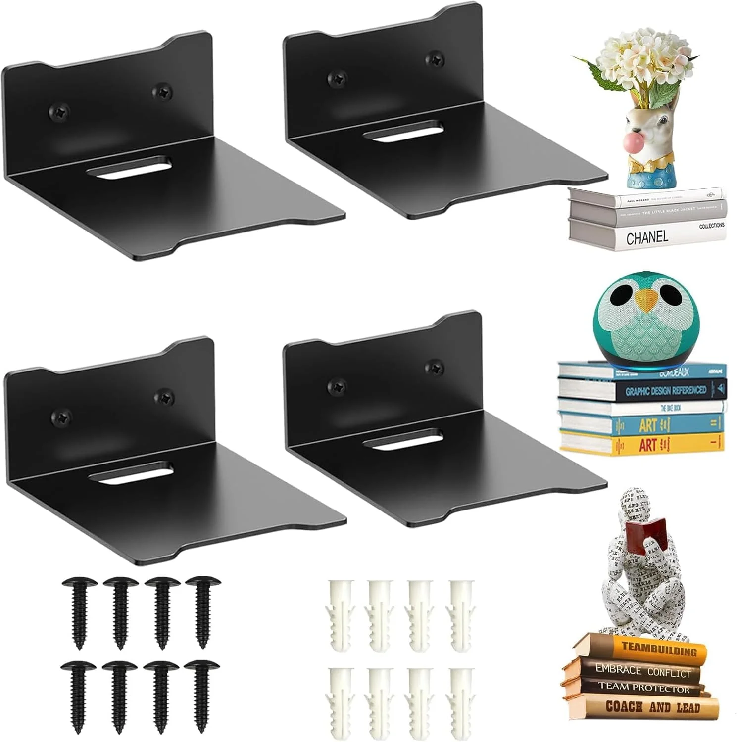 قفسه کتاب دیواری شناور، قفسه های کوچک سنگین و نامرئی، سازمان دهنده کتاب، قفسه لبه دیواری کتاب برای دفتر کار خانگی، کتابخانه، 4 عدد