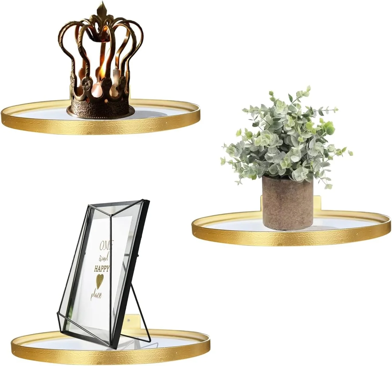 Floating Wall Shelves, Set of 2 Gold Metal and Glass Display Ledges, Modern Wall Mounted Decorative Shelves for Living Room, Bedroom, Office Storage and Home Decor