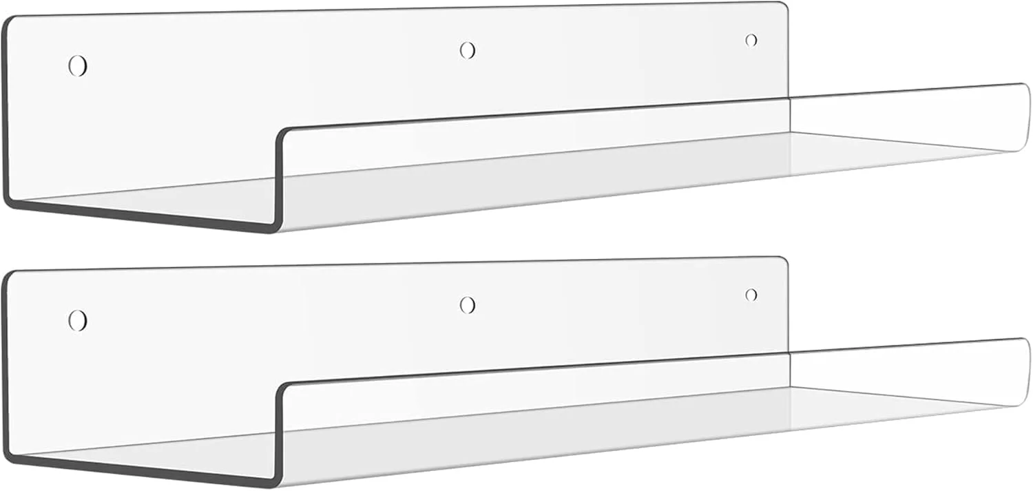 KASTWAVE Acrylic Floating Wall Shelves, Clear Acrylic Shelves for Storage, Bathroom Display Organizer, Small Wall Shelf, for Bathroom, Bedroom (1, 2 PCS Acrylic Wall Floating Shelves Set)