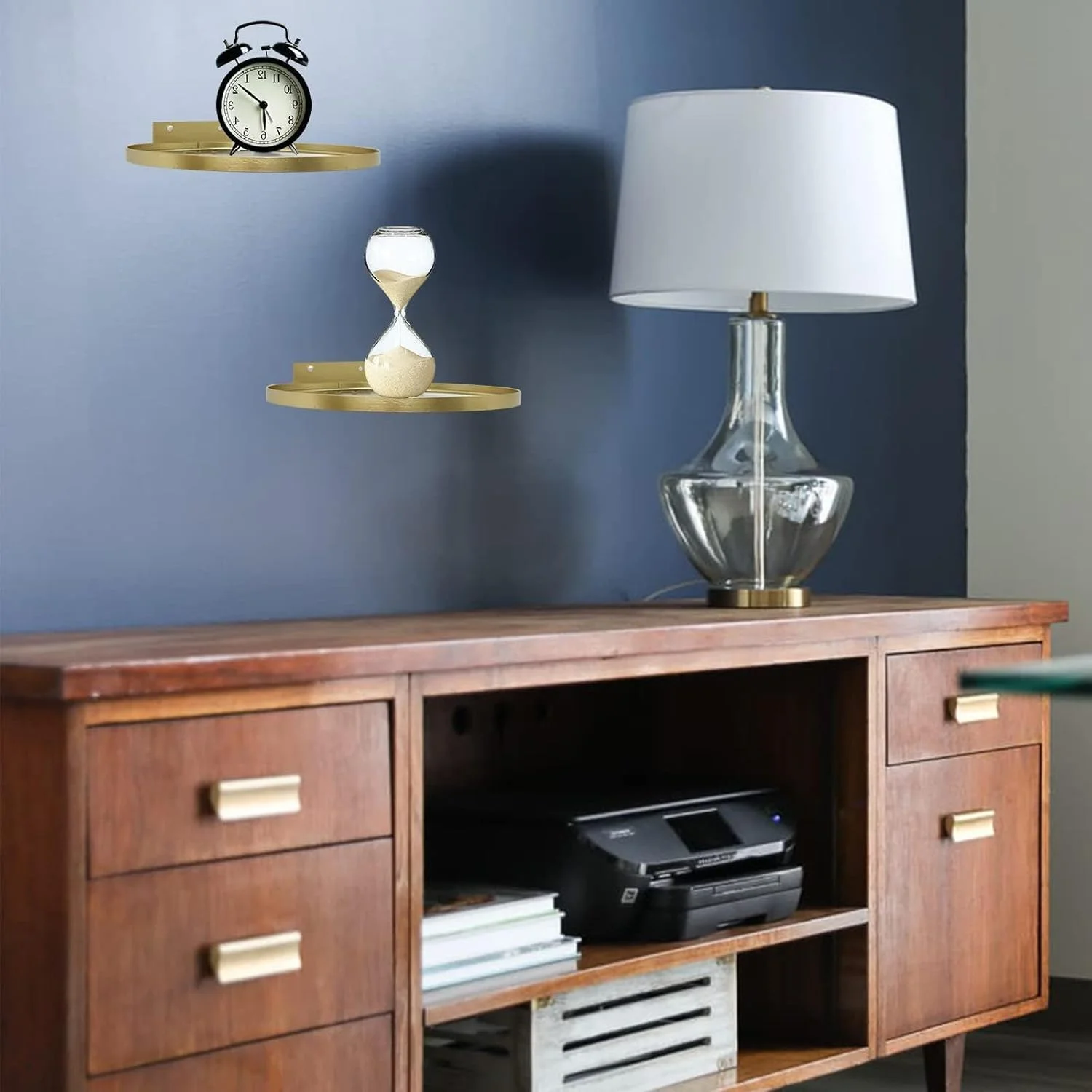 Floating Wall Shelves, Set of 2 Gold Metal and Glass Display Ledges, Modern Wall Mounted Decorative Shelves for Living Room, Bedroom, Office Storage and Home Decor