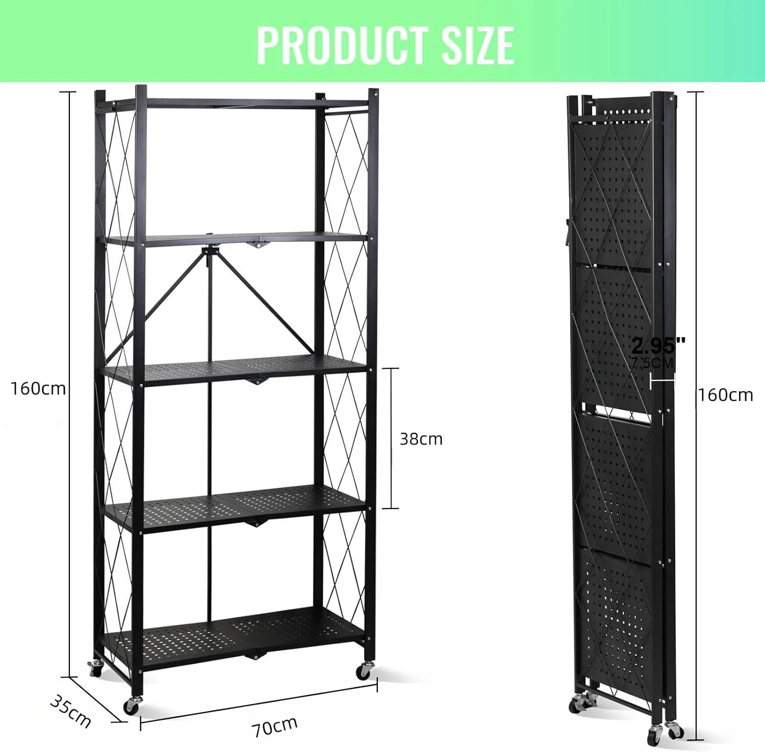 SKY-TOUCH 5 Tier Foldable Storage Shelves, Multi-Shelf Foldable Storage Rack for Kitchen Garage Home, Standing Shelf Units with Wheels (Black) SKY-TOUCH 5 Tier Foldable Storage Shelves, Multi-Shelf Foldable Storage Rack for Kitchen Garage Home, Standing Shelf Units with Wheels (Black)