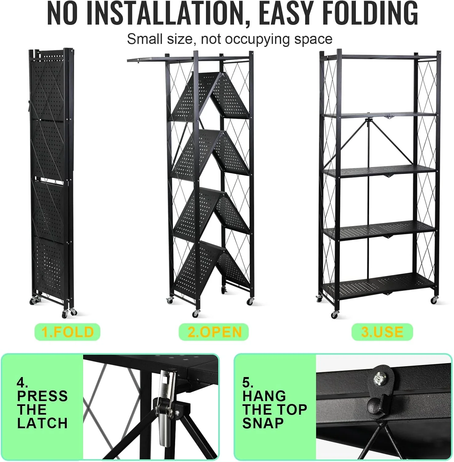 SKY-TOUCH 5 Tier Foldable Storage Shelves, Multi-Shelf Foldable Storage Rack for Kitchen Garage Home, Standing Shelf Units with Wheels (Black) SKY-TOUCH 5 Tier Foldable Storage Shelves, Multi-Shelf Foldable Storage Rack for Kitchen Garage Home, Standing Shelf Units with Wheels (Black)