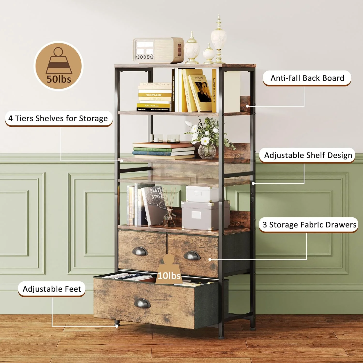 قفسه ذخیره سازی 4 طبقه SKY-TOUCH با 3 کشو - قاب فلزی مشکی با رویه چوبی - ایده آل برای کتاب، عکس و تزئینات در اتاق نشیمن، دفتر، اتاق خواب و آشپزخانه، چوب ببری 58x29x120 سانتی متر قفسه ذخیره سازی 4 طبقه SKY-TOUCH با 3 کشو - قاب فلزی مشکی با رویه چوبی - ایده آل برای کتاب، عکس و تزئینات در اتاق نشیمن، دفتر، اتاق خواب و آشپزخانه، چوب ببری 58x29x120 سانتی متر