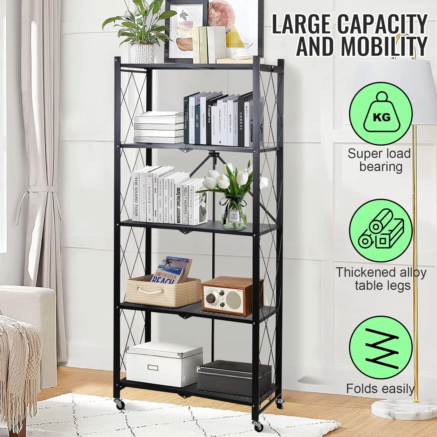 SKY-TOUCH 5 Tier Foldable Storage Shelves, Multi-Shelf Foldable Storage Rack for Kitchen Garage Home, Standing Shelf Units with Wheels (Black) SKY-TOUCH 5 Tier Foldable Storage Shelves, Multi-Shelf Foldable Storage Rack for Kitchen Garage Home, Standing Shelf Units with Wheels (Black)
