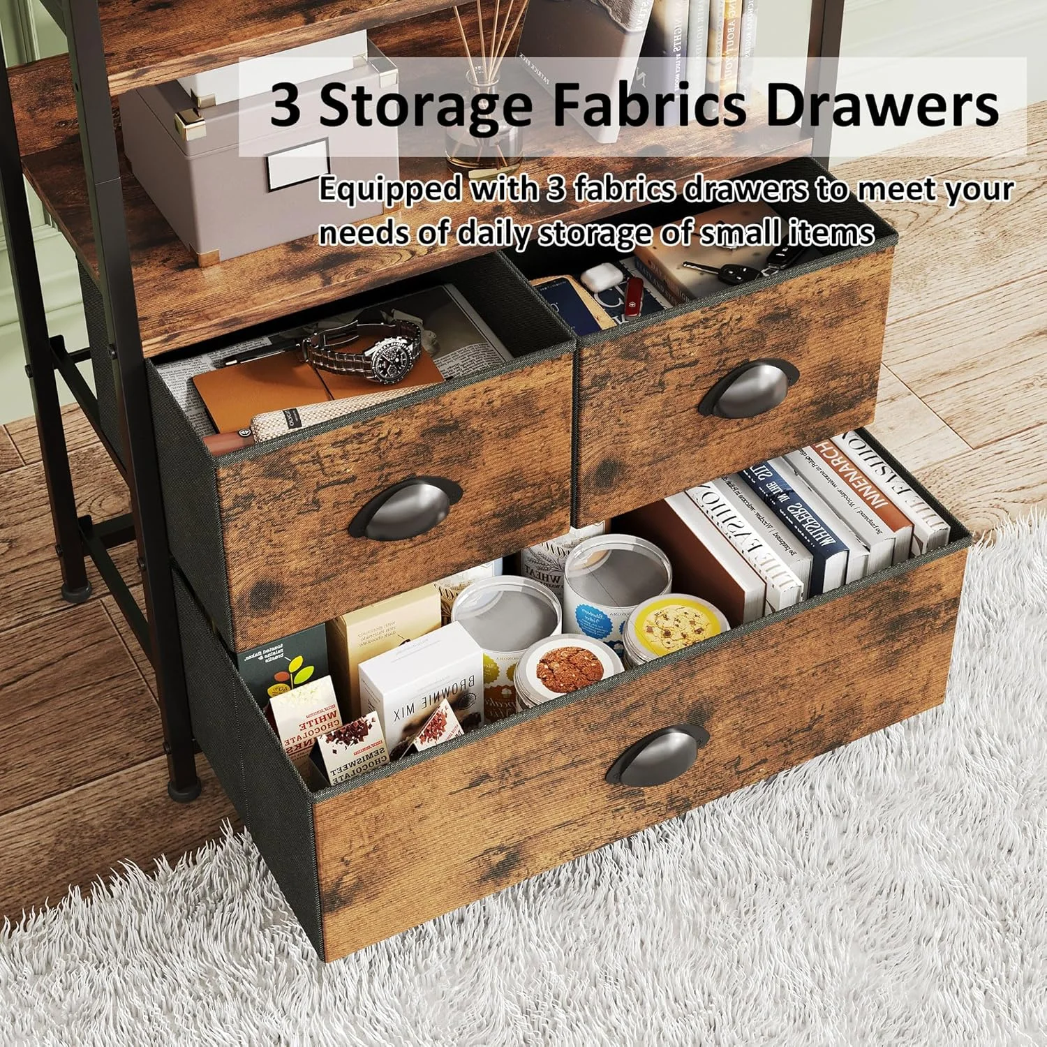 قفسه ذخیره سازی 4 طبقه SKY-TOUCH با 3 کشو - قاب فلزی مشکی با رویه چوبی - ایده آل برای کتاب، عکس و تزئینات در اتاق نشیمن، دفتر، اتاق خواب و آشپزخانه، چوب ببری 58x29x120 سانتی متر قفسه ذخیره سازی 4 طبقه SKY-TOUCH با 3 کشو - قاب فلزی مشکی با رویه چوبی - ایده آل برای کتاب، عکس و تزئینات در اتاق نشیمن، دفتر، اتاق خواب و آشپزخانه، چوب ببری 58x29x120 سانتی متر