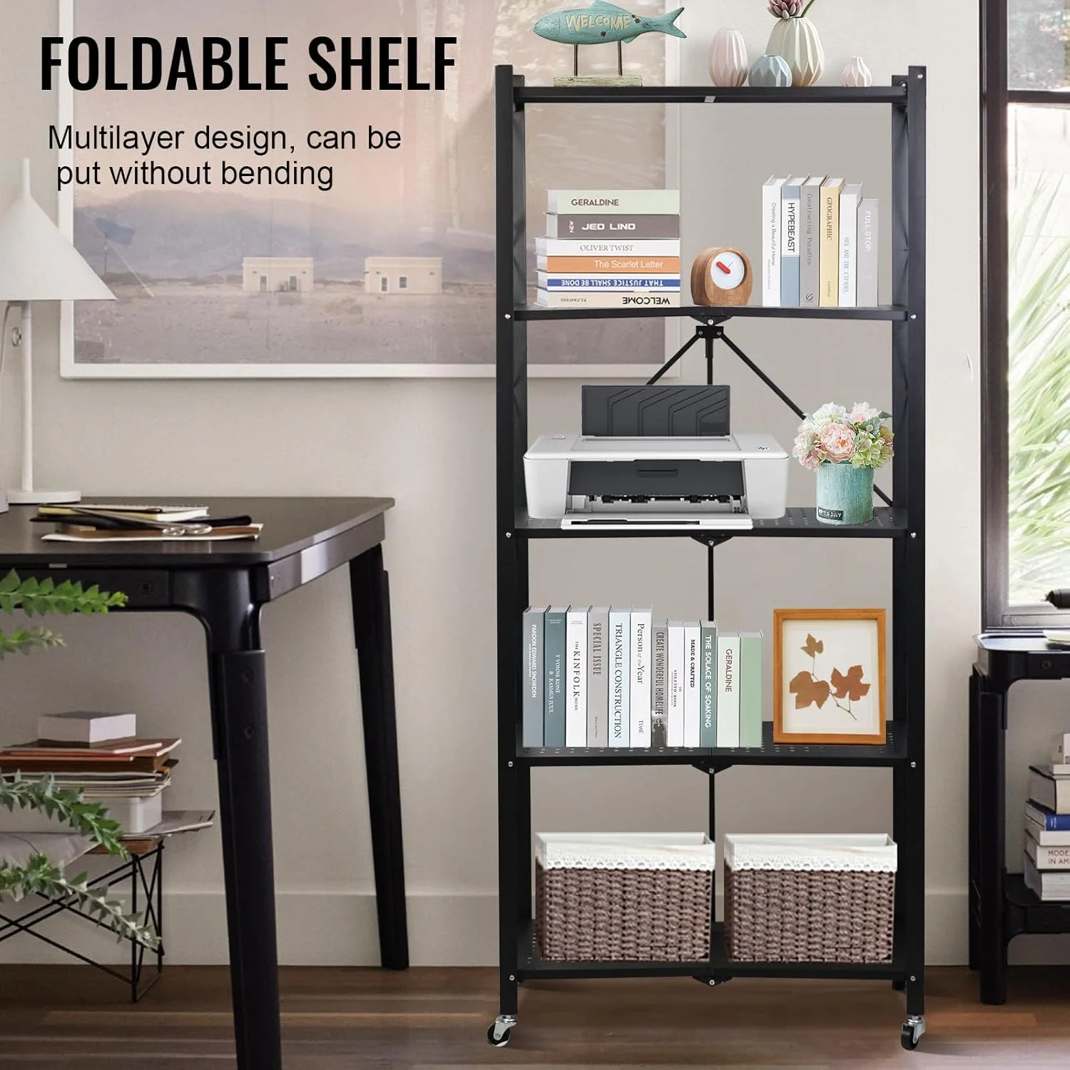 SKY-TOUCH 5 Tier Foldable Storage Shelves, Multi-Shelf Foldable Storage Rack for Kitchen Garage Home, Standing Shelf Units with Wheels (Black) SKY-TOUCH 5 Tier Foldable Storage Shelves, Multi-Shelf Foldable Storage Rack for Kitchen Garage Home, Standing Shelf Units with Wheels (Black)