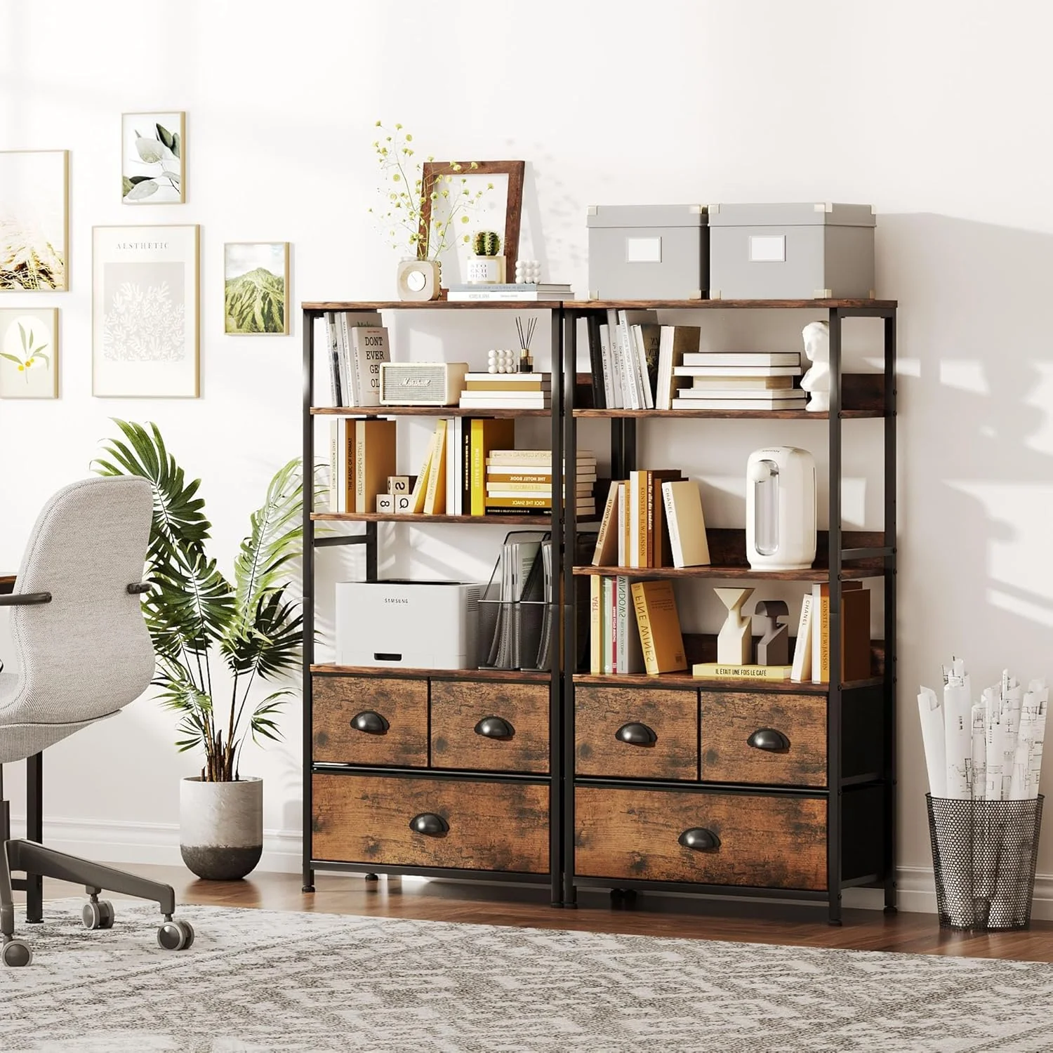 قفسه ذخیره سازی 4 طبقه SKY-TOUCH با 3 کشو - قاب فلزی مشکی با رویه چوبی - ایده آل برای کتاب، عکس و تزئینات در اتاق نشیمن، دفتر، اتاق خواب و آشپزخانه، چوب ببری 58x29x120 سانتی متر قفسه ذخیره سازی 4 طبقه SKY-TOUCH با 3 کشو - قاب فلزی مشکی با رویه چوبی - ایده آل برای کتاب، عکس و تزئینات در اتاق نشیمن، دفتر، اتاق خواب و آشپزخانه، چوب ببری 58x29x120 سانتی متر