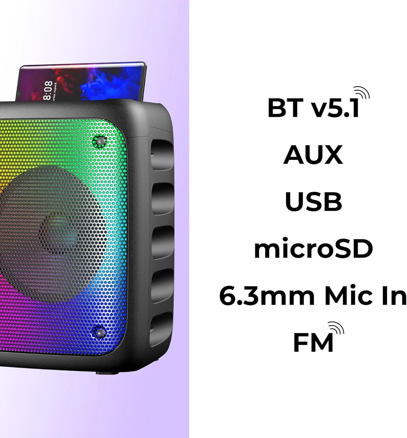 اسپیکر بی سیم قابل حمل زبرونیکس مدل Sound Feast 91 با خروجی 24 وات، بلوتوث 5.0، رادیو FM، TWS، پشتیبانی از میکروفون سیمی 6.3 میلی متری، USB، mSD، AUX، نگهدارنده موبایل و چراغ های RGB اسپیکر بی سیم قابل حمل زبرونیکس مدل Sound Feast 91 با خروجی 24 وات، بلوتوث 5.0، رادیو FM، TWS، پشتیبانی از میکروفون سیمی 6.3 میلی متری، USB، mSD، AUX، نگهدارنده موبایل و چراغ های RGB