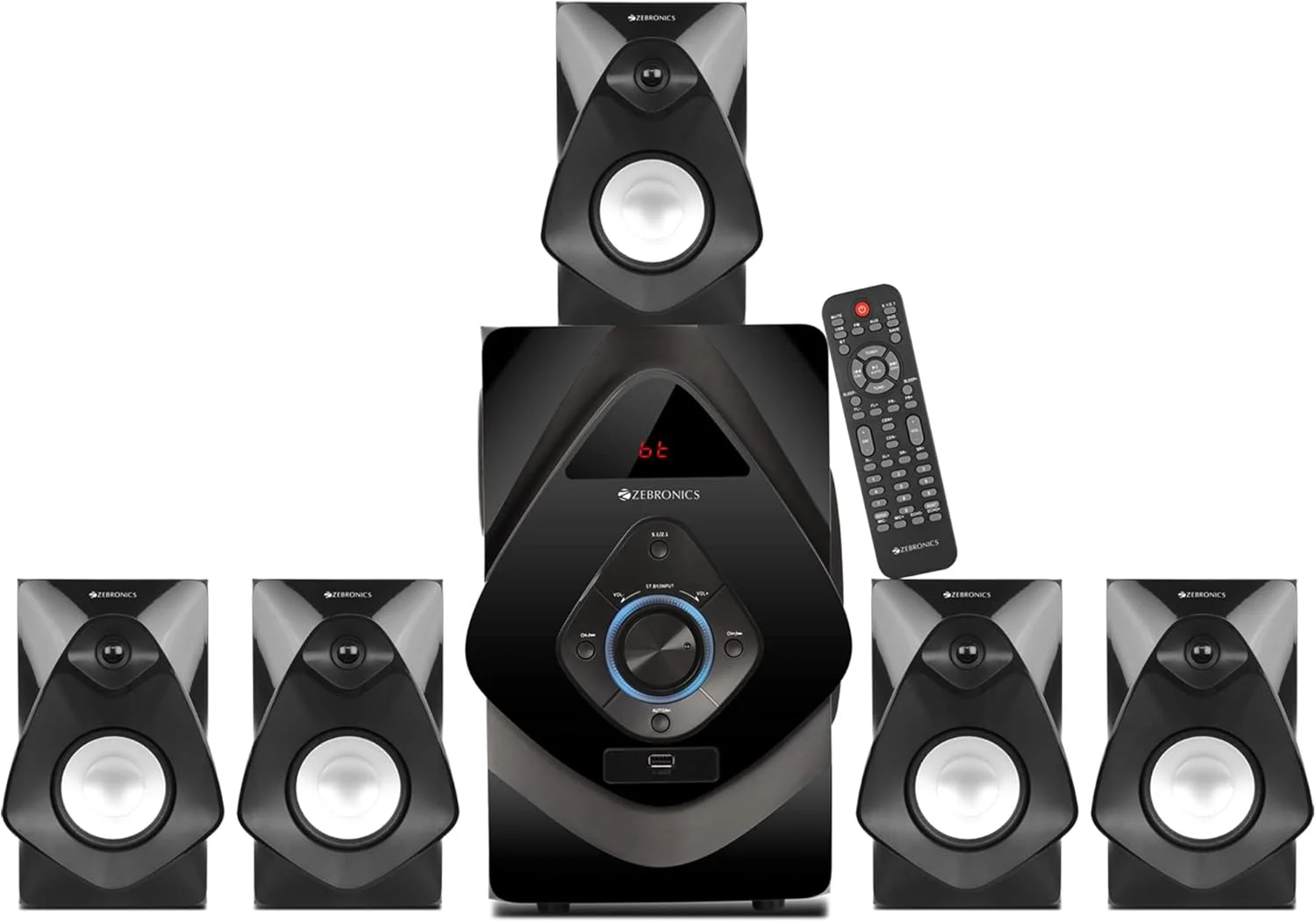 اسپیکر چند رسانه ای بلوتوثی زیبرونیکس ZEB-BT8591RUCF با پشتیبانی از صدای AC3، کارت SD، USB، AUX، FM، قابلیت نصب روی دیوار و کنترل از راه دور (125 وات، 5.1 کانال)