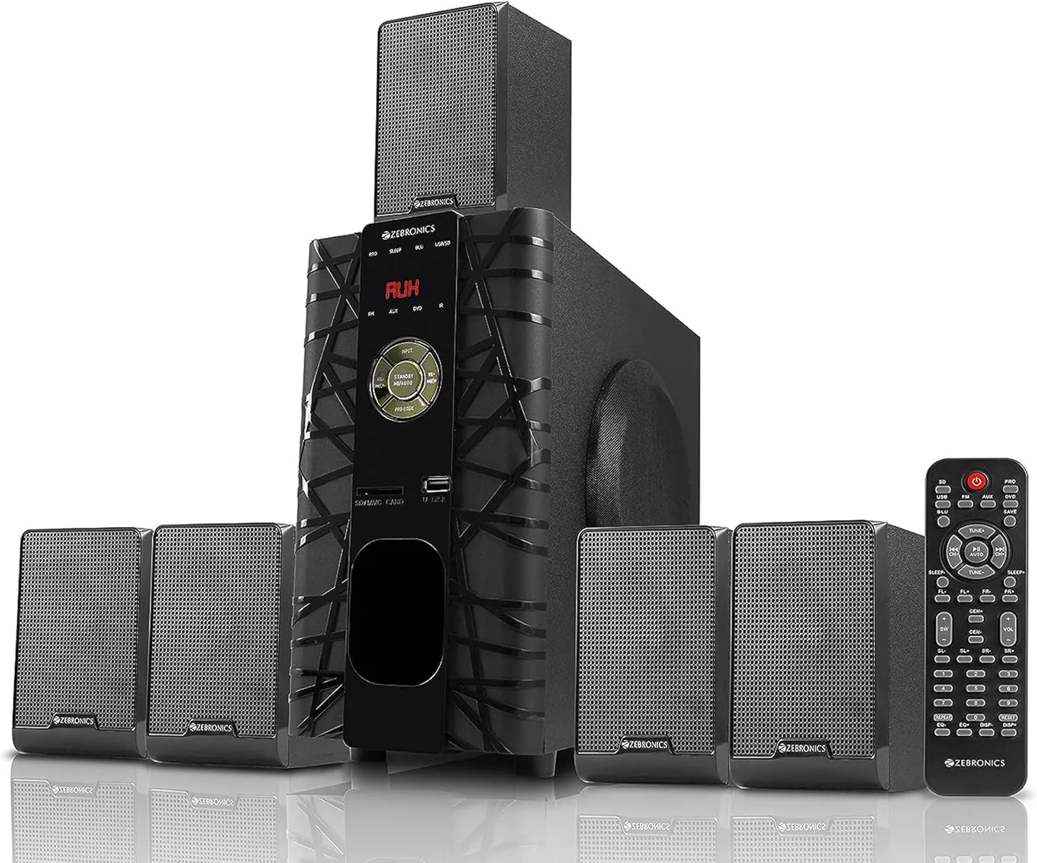 اسپیکر بلوتوث چندرسانه‌ای بی‌سیم Zebronics ZEB-BT6590RUCF با پشتیبانی از کارت SD، USB، AUX، FM و کنترل از راه دور (65 وات، 5.1 کانال)