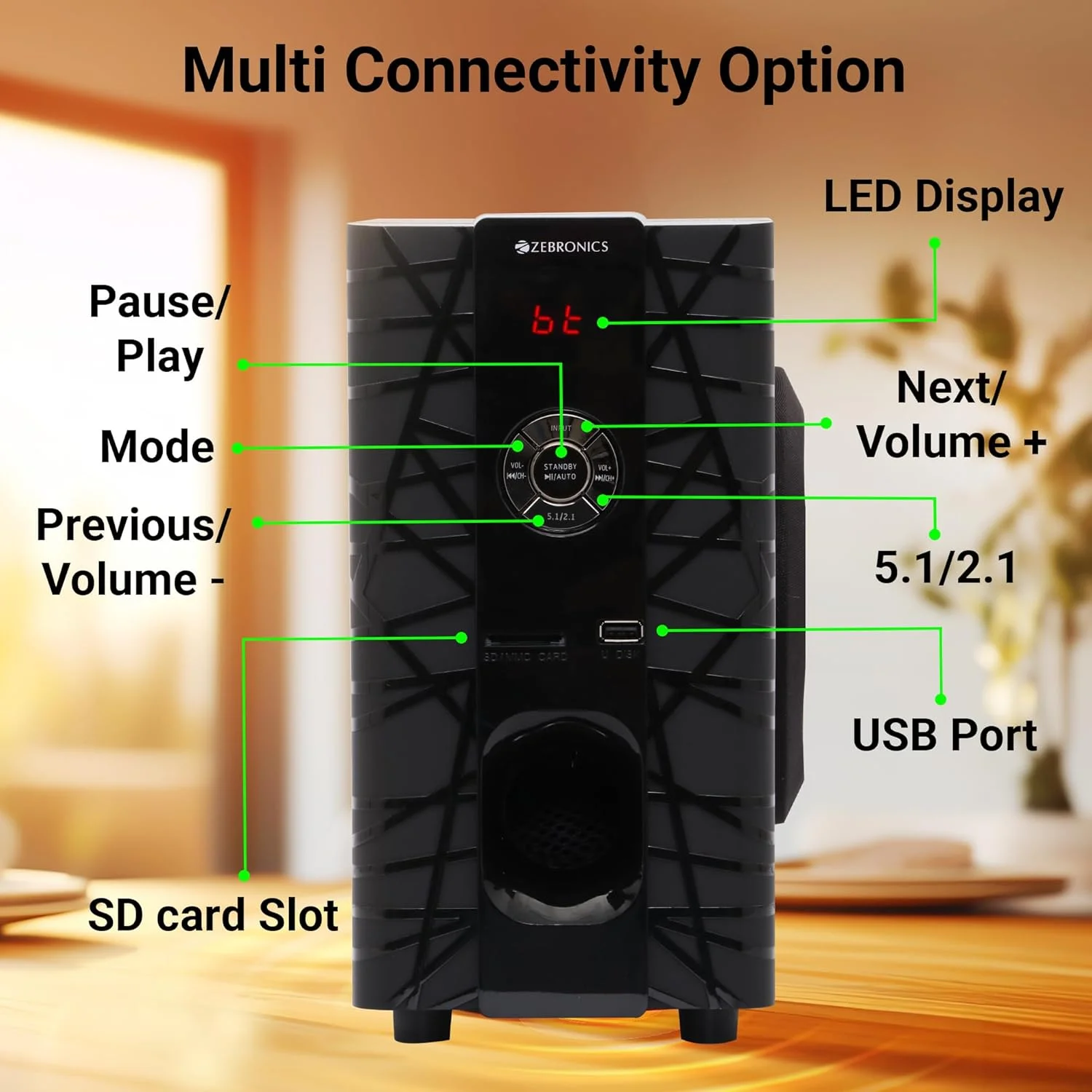 اسپیکر بلوتوث چندرسانهای بیسیم Zebronics ZEB-BT6590RUCF با پشتیبانی از کارت SD، USB، AUX، FM و کنترل از راه دور (65 وات، 5.1 کانال) اسپیکر بلوتوث چندرسانهای بیسیم Zebronics ZEB-BT6590RUCF با پشتیبانی از کارت SD، USB، AUX، FM و کنترل از راه دور (65 وات، 5.1 کانال)