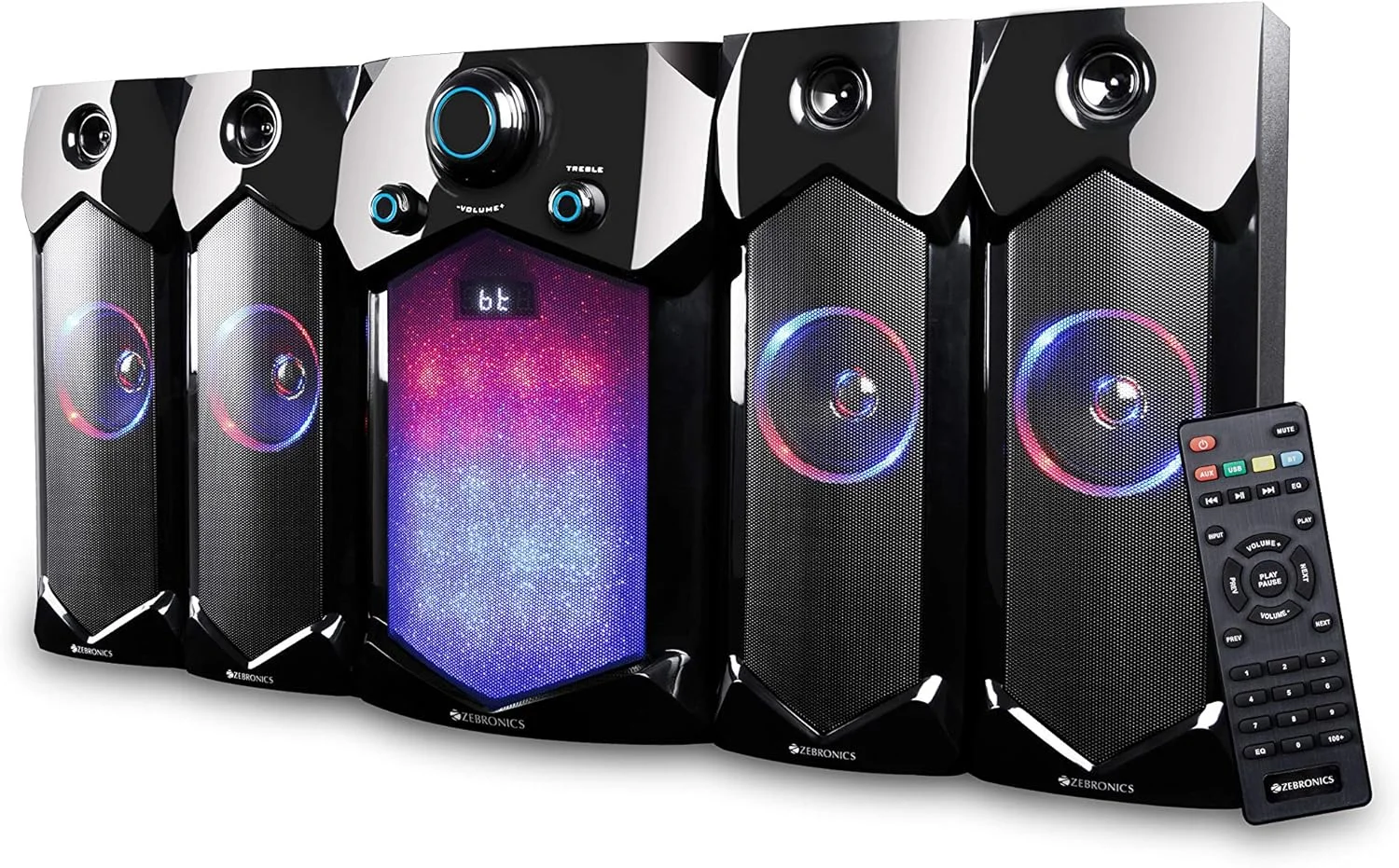 اسپیکر بلوتوثی 4.1 زیبرونیکس مدل Indie (105W) با FM، USB، اسلات کارت SD و ریموت کنترل اسپیکر بلوتوثی 4.1 زیبرونیکس مدل Indie (105W) با FM، USB، اسلات کارت SD و ریموت کنترل