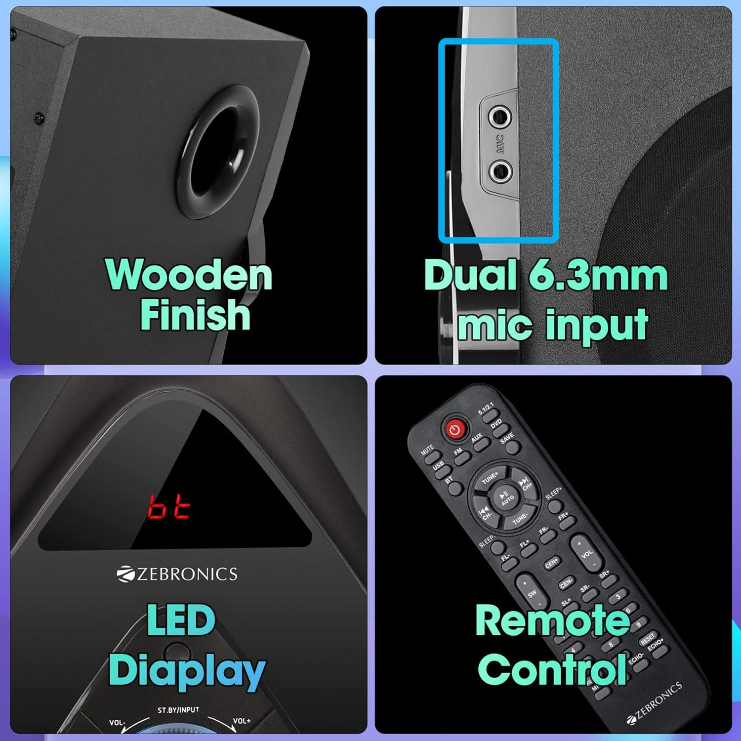 اسپیکر چند رسانه ای بلوتوثی زیبرونیکس ZEB-BT8591RUCF با پشتیبانی از صدای AC3، کارت SD، USB، AUX، FM، قابلیت نصب روی دیوار و کنترل از راه دور (125 وات، 5.1 کانال) اسپیکر چند رسانه ای بلوتوثی زیبرونیکس ZEB-BT8591RUCF با پشتیبانی از صدای AC3، کارت SD، USB، AUX، FM، قابلیت نصب روی دیوار و کنترل از راه دور (125 وات، 5.1 کانال)