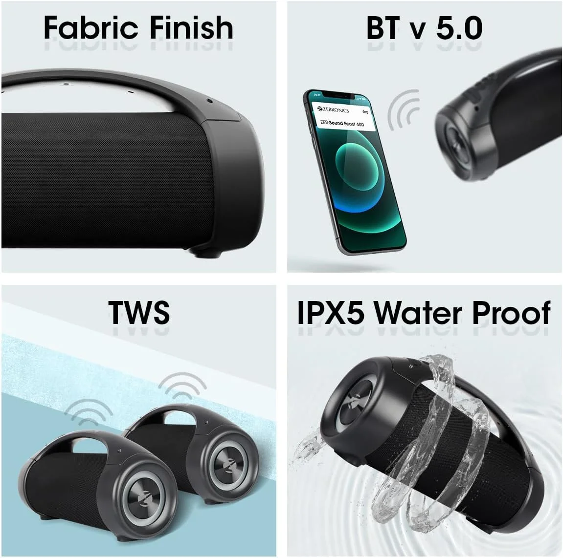 اسپیکر بلوتوثی قابل حمل Zebronics Sound Feast 400 نسخه 5.0 با خروجی 60 وات، 11 ساعت پخش، دستیار صوتی، TWS، ضد آب IPX5، عملکرد تماس، نور RGB، AUX، USB، رادیو FM و Type C اسپیکر بلوتوثی قابل حمل Zebronics Sound Feast 400 نسخه 5.0 با خروجی 60 وات، 11 ساعت پخش، دستیار صوتی، TWS، ضد آب IPX5، عملکرد تماس، نور RGB، AUX، USB، رادیو FM و Type C