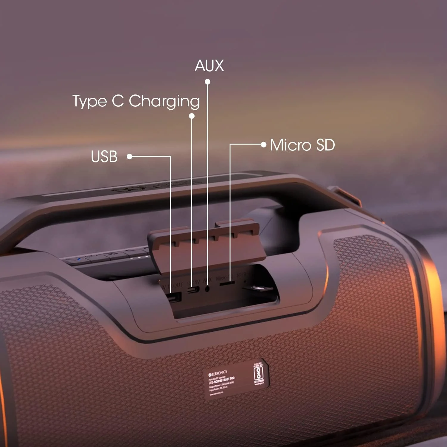 Zebronics Zeb-Sound Feast 500 Bluetooth 5.0 Portable Speaker with 70W, 9H* Backup, TWS, IPX5 Waterproof, Call Function, RGB Lights, AUX, mSD, Voice Assistant, Type C and Grill Finish Zebronics Zeb-Sound Feast 500 Bluetooth 5.0 Portable Speaker with 70W, 9H* Backup, TWS, IPX5 Waterproof, Call Function, RGB Lights, AUX, mSD, Voice Assistant, Type C and Grill Finish