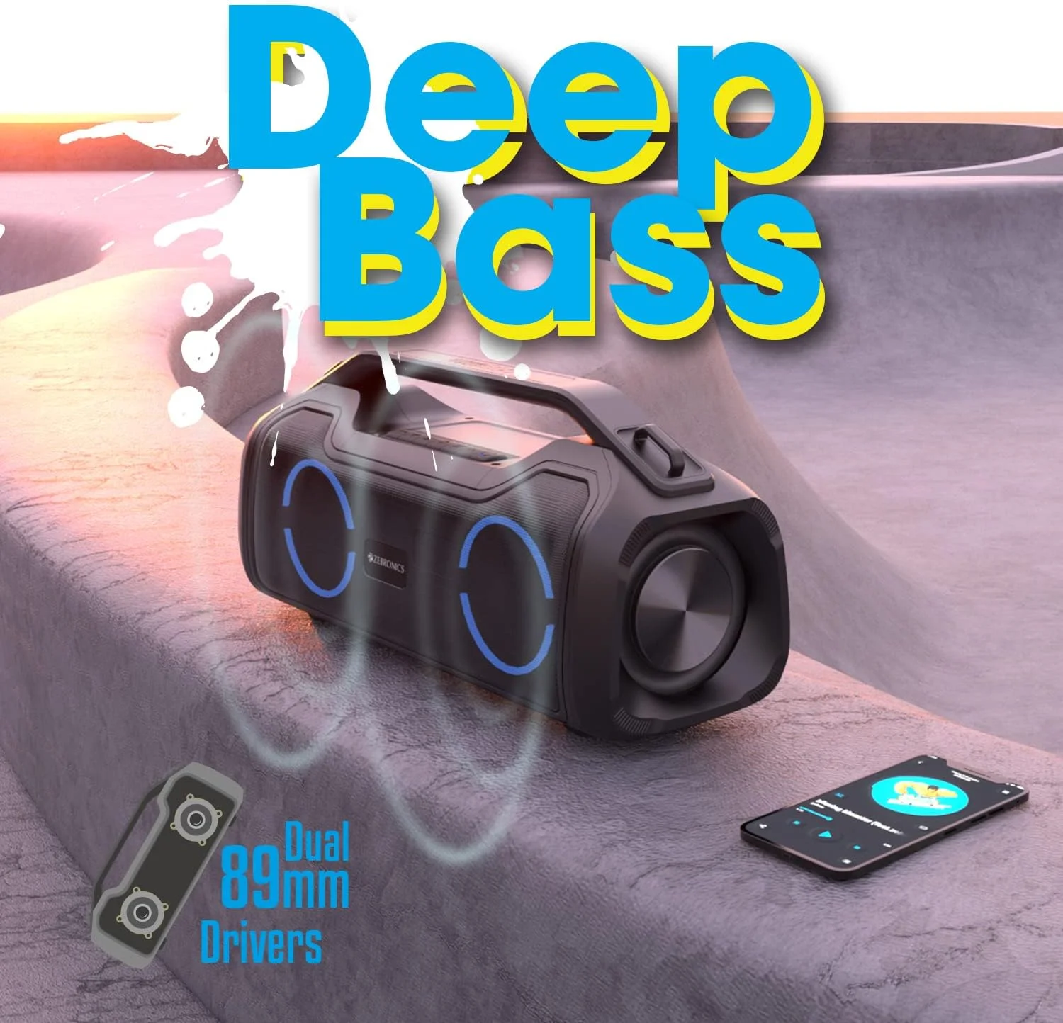 Zebronics Zeb-Sound Feast 500 Bluetooth 5.0 Portable Speaker with 70W, 9H* Backup, TWS, IPX5 Waterproof, Call Function, RGB Lights, AUX, mSD, Voice Assistant, Type C and Grill Finish Zebronics Zeb-Sound Feast 500 Bluetooth 5.0 Portable Speaker with 70W, 9H* Backup, TWS, IPX5 Waterproof, Call Function, RGB Lights, AUX, mSD, Voice Assistant, Type C and Grill Finish