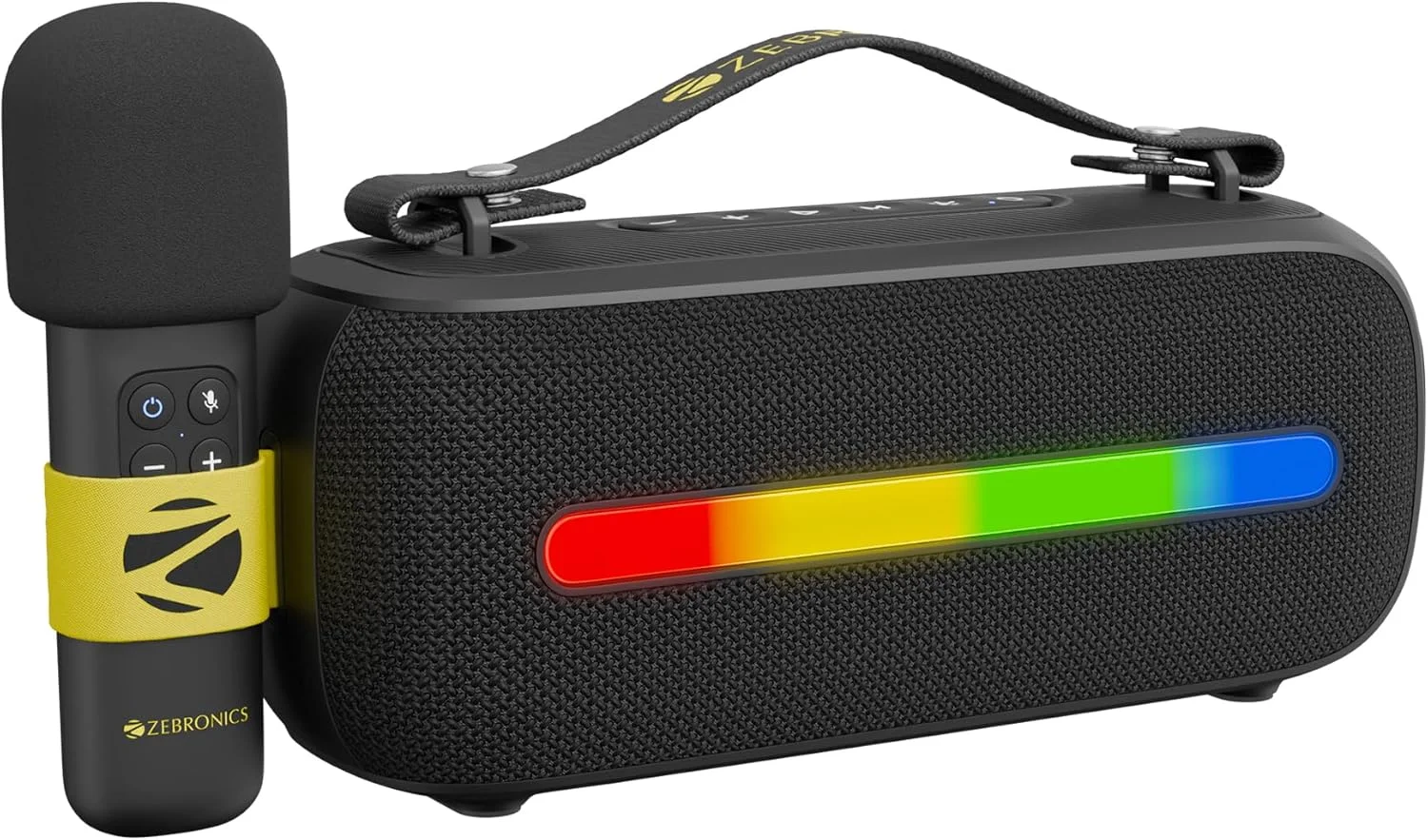 اسپیکر بلوتوثی قابل حمل زبرونیکس مدل Sound Feast 80، توان 20 وات، تا 14 ساعت پخش، بلوتوث | USB، کارائوکه، نوار LED RGB، میکروفون بی سیم همراه، بند حمل جداشدنی اسپیکر بلوتوثی قابل حمل زبرونیکس مدل Sound Feast 80، توان 20 وات، تا 14 ساعت پخش، بلوتوث | USB، کارائوکه، نوار LED RGB، میکروفون بی سیم همراه، بند حمل جداشدنی
