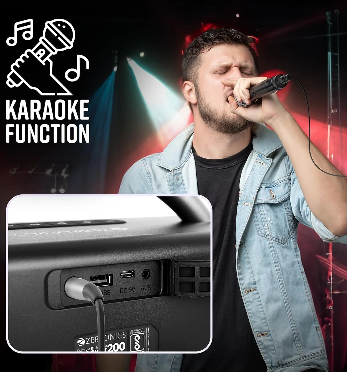 اسپیکر بی سیم قابل حمل راکتی 200 زبرونیکس با بلوتوث 5.1، FM، USB، AUX، بیس عمیق، رسانه و TWS، ورودی میکروفون، کارائوکه، دو درایو 5.08 سانتی متری، عملکرد تماس (مشکی) اسپیکر بی سیم قابل حمل راکتی 200 زبرونیکس با بلوتوث 5.1، FM، USB، AUX، بیس عمیق، رسانه و TWS، ورودی میکروفون، کارائوکه، دو درایو 5.08 سانتی متری، عملکرد تماس (مشکی)