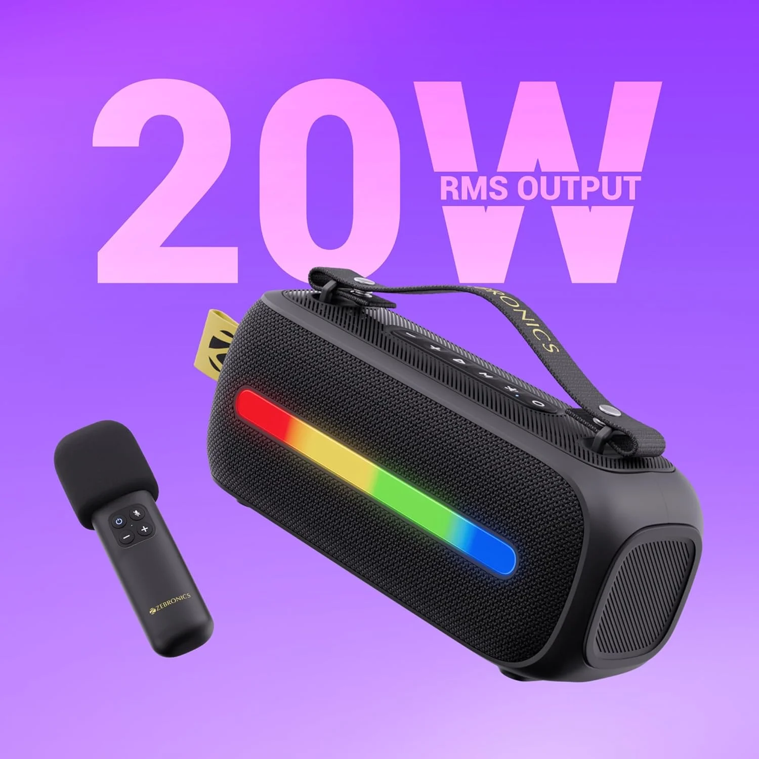 اسپیکر بلوتوثی قابل حمل زبرونیکس مدل Sound Feast 80، توان 20 وات، تا 14 ساعت پخش، بلوتوث | USB، کارائوکه، نوار LED RGB، میکروفون بی سیم همراه، بند حمل جداشدنی اسپیکر بلوتوثی قابل حمل زبرونیکس مدل Sound Feast 80، توان 20 وات، تا 14 ساعت پخش، بلوتوث | USB، کارائوکه، نوار LED RGB، میکروفون بی سیم همراه، بند حمل جداشدنی