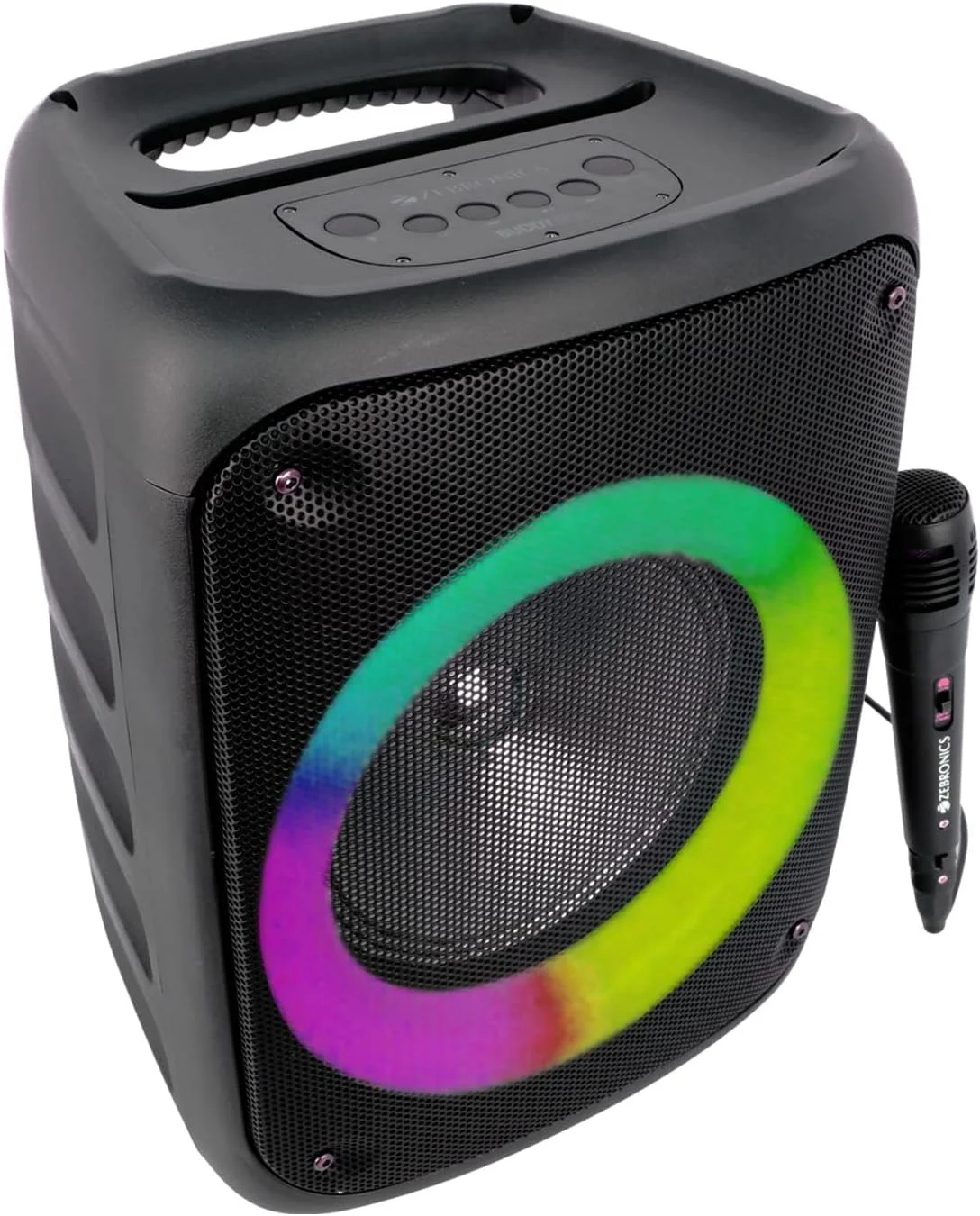 اسپیکر بی سیم قابل حمل زیبرونیکس مدل Zeb-Buddy 500 با بلوتوث نسخه 5.0، توان خروجی 25 وات RMS، قابلیت TWS، درایور 20.3 سانتی متری (8 اینچ)، 5 ساعت پخش، USB، mSD، AUX، رادیو FM و باتری قابل شارژ داخلی، مشکی