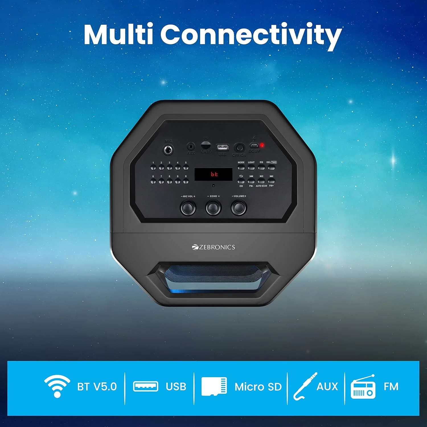 Zebronics Zeb-Space Deck PRO Wireless Bluetooth 40W Boombox Party Portable Speaker Supporting LED Display, RGB Lights, USB, SD Card, AUX, MIC in, FM, TWS & Comes with Wireless MIC + Remote Control. Zebronics Zeb-Space Deck PRO Wireless Bluetooth 40W Boombox Party Portable Speaker Supporting LED Display, RGB Lights, USB, SD Card, AUX, MIC in, FM, TWS & Comes with Wireless MIC + Remote Control.