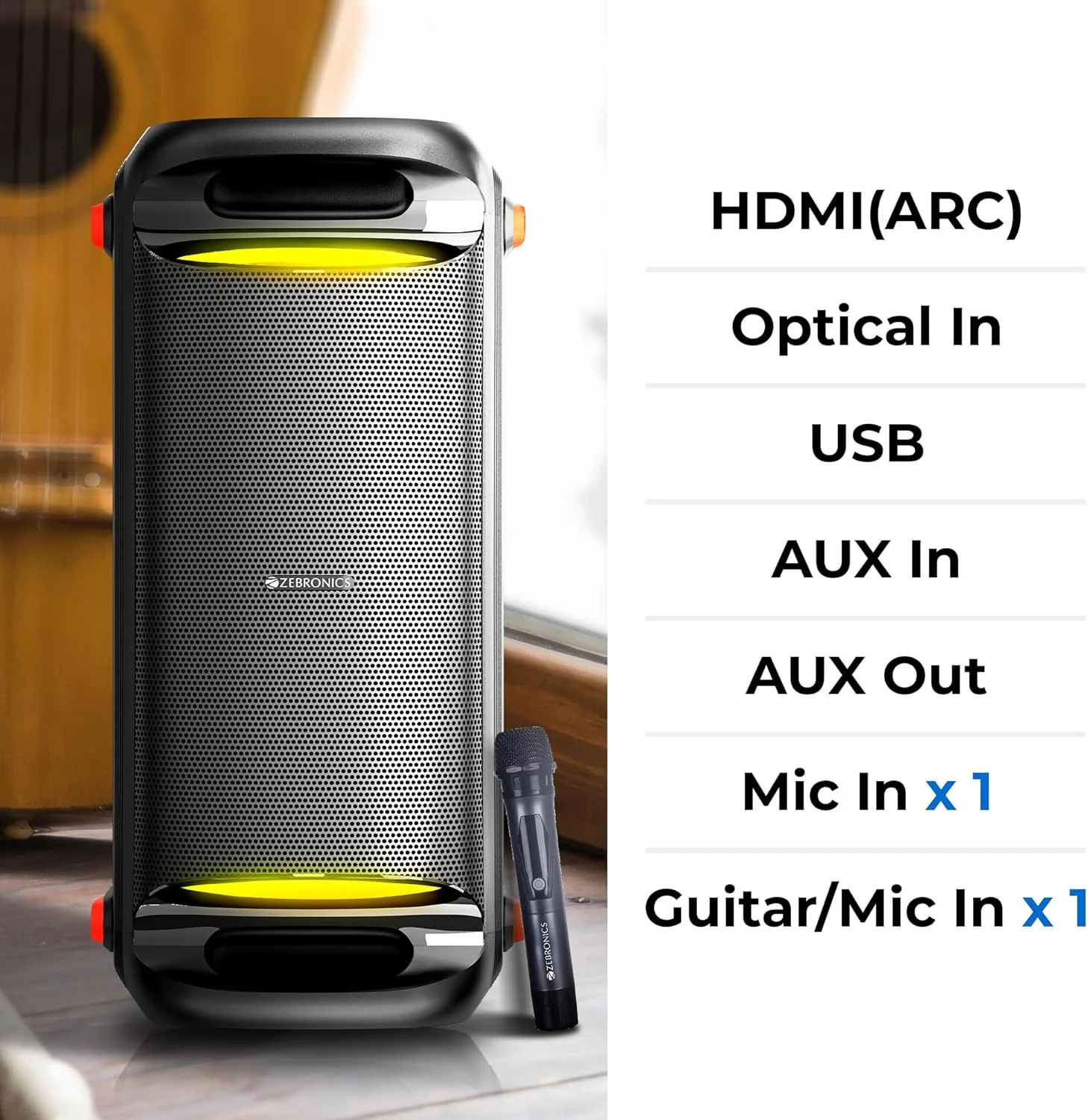 اسپیکر بلوتوثی 100 واتی چند اتصاله زیبرونیکس Roxor با HDMI ARC، اپتیکال، USB، ورودی-خروجی AUX، صدای دالبی، میکروفون بی سیم UHF، کارائوکه، TWS، چراغ های LED و قابلیت ضبط اسپیکر بلوتوثی 100 واتی چند اتصاله زیبرونیکس Roxor با HDMI ARC، اپتیکال، USB، ورودی-خروجی AUX، صدای دالبی، میکروفون بی سیم UHF، کارائوکه، TWS، چراغ های LED و قابلیت ضبط