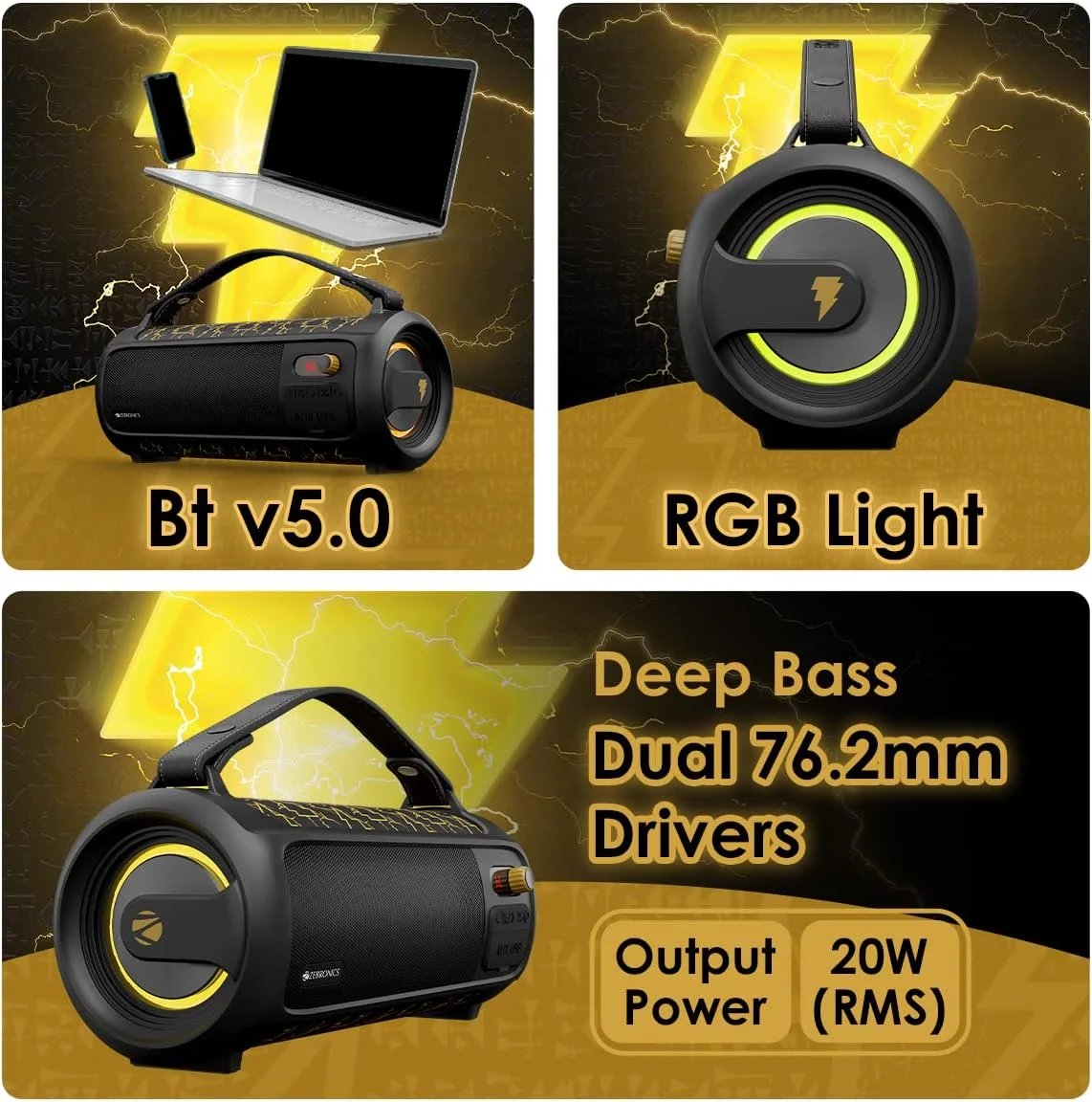 اسپیکر بلوتوثی قابل حمل 20 وات RMS زبرونیکس مدل DC Black ADAM Edition Rocket 500، بلوتوث 5.0، TWS، 10 ساعت پخش، باتری قابل شارژ داخلی، نورپردازی RGB، دسته جداشدنی، پورت میکروفون سیمی و Type C اسپیکر بلوتوثی قابل حمل 20 وات RMS زبرونیکس مدل DC Black ADAM Edition Rocket 500، بلوتوث 5.0، TWS، 10 ساعت پخش، باتری قابل شارژ داخلی، نورپردازی RGB، دسته جداشدنی، پورت میکروفون سیمی و Type C