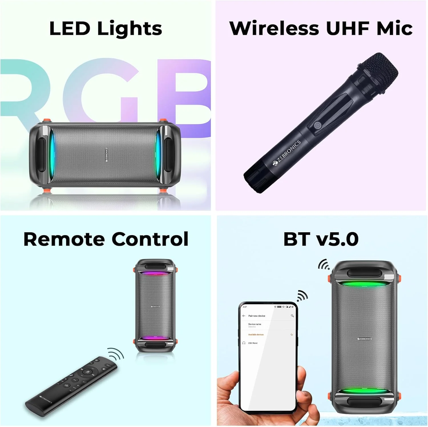 اسپیکر بلوتوثی 100 واتی چند اتصاله زیبرونیکس Roxor با HDMI ARC، اپتیکال، USB، ورودی-خروجی AUX، صدای دالبی، میکروفون بی سیم UHF، کارائوکه، TWS، چراغ های LED و قابلیت ضبط اسپیکر بلوتوثی 100 واتی چند اتصاله زیبرونیکس Roxor با HDMI ARC، اپتیکال، USB، ورودی-خروجی AUX، صدای دالبی، میکروفون بی سیم UHF، کارائوکه، TWS، چراغ های LED و قابلیت ضبط