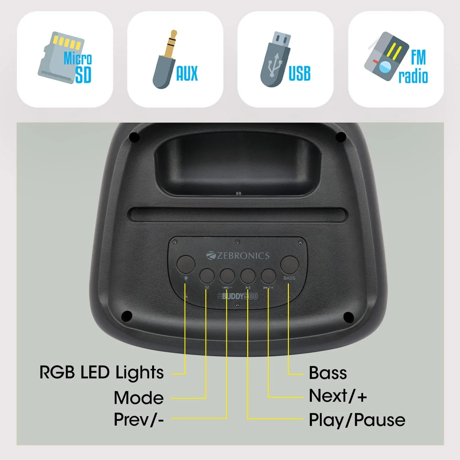 اسپیکر بی سیم قابل حمل زیبرونیکس مدل Zeb-Buddy 500 با بلوتوث نسخه 5.0، توان خروجی 25 وات RMS، قابلیت TWS، درایور 20.3 سانتی متری (8 اینچ)، 5 ساعت پخش، USB، mSD، AUX، رادیو FM و باتری قابل شارژ داخلی، مشکی اسپیکر بی سیم قابل حمل زیبرونیکس مدل Zeb-Buddy 500 با بلوتوث نسخه 5.0، توان خروجی 25 وات RMS، قابلیت TWS، درایور 20.3 سانتی متری (8 اینچ)، 5 ساعت پخش، USB، mSD، AUX، رادیو FM و باتری قابل شارژ داخلی، مشکی