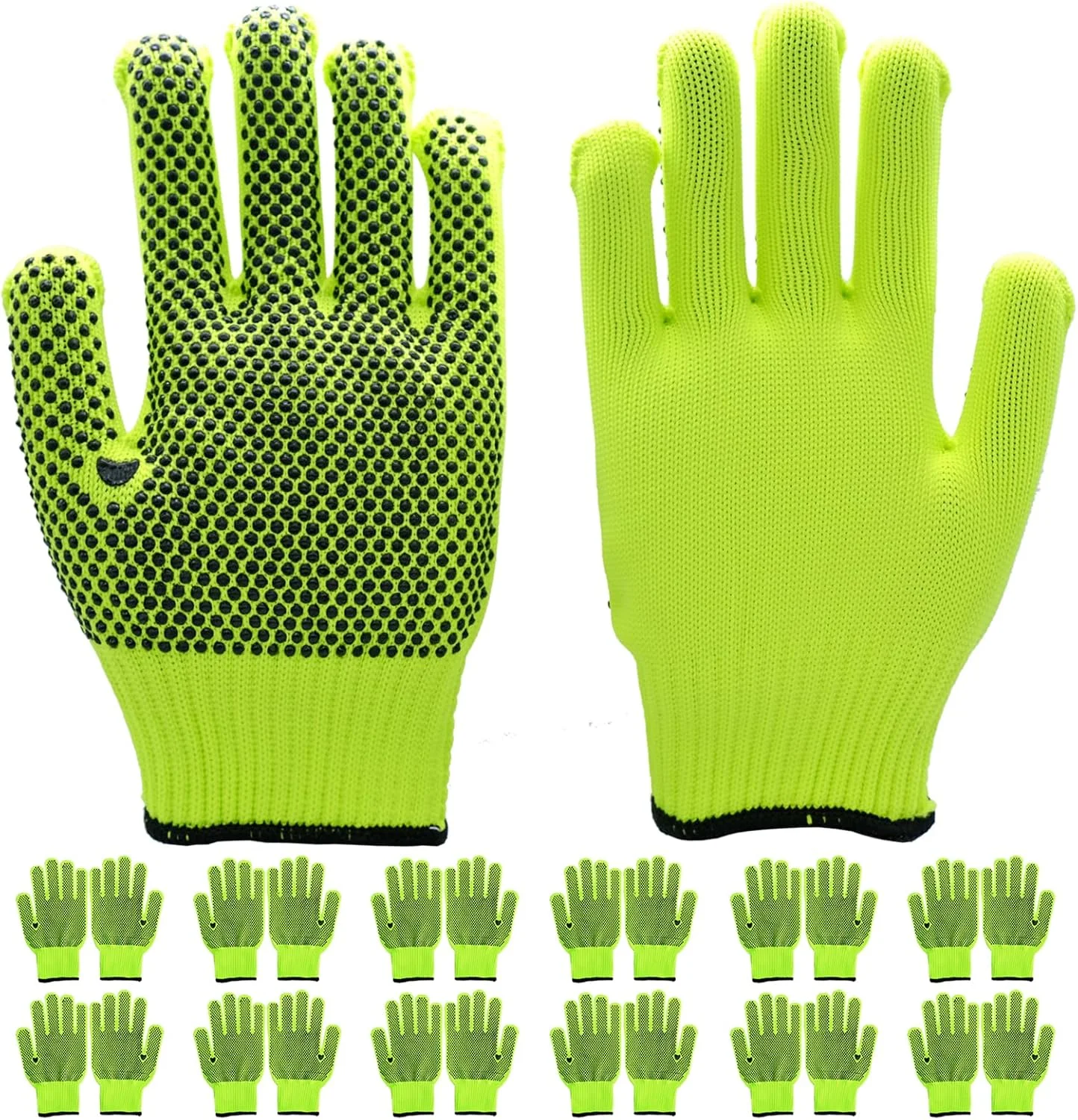 دستکش کار ایمنی KASTWAVE، 12 جفت دستکش کار نخی دید بالا با نقاط ضد لغزش برای مردان و زنان، دستکش بافتنی نخی تنفسی برای باغبانی، انبارداری، ساخت و ساز، مکانیکی، سایز آزاد