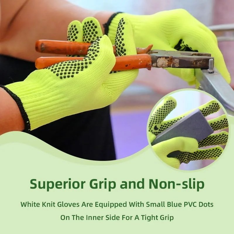 دستکش کار ایمنی KASTWAVE، 12 جفت دستکش کار نخی دید بالا با نقاط ضد لغزش برای مردان و زنان، دستکش بافتنی نخی تنفسی برای باغبانی، انبارداری، ساخت و ساز، مکانیکی، سایز آزاد