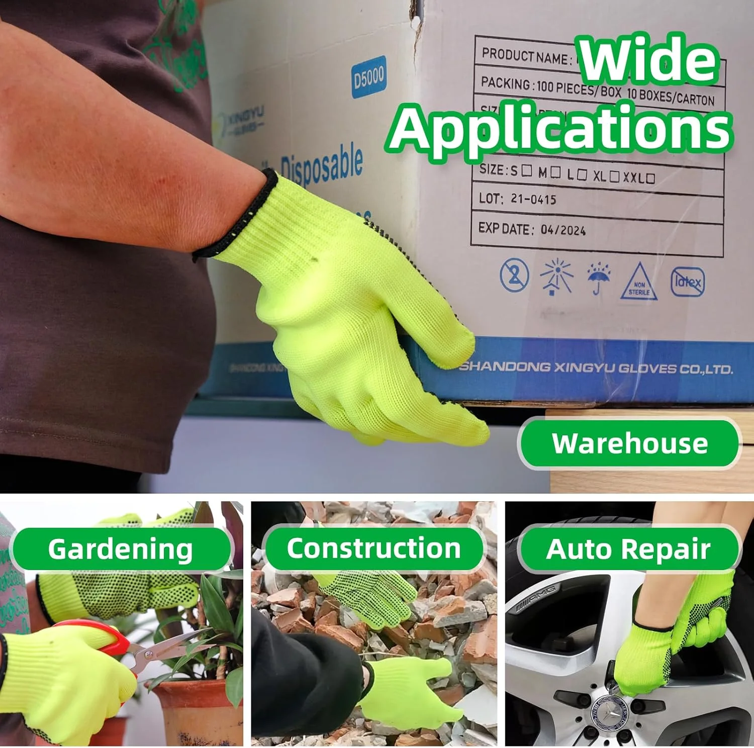 دستکش کار ایمنی KASTWAVE، 12 جفت دستکش کار نخی دید بالا با نقاط ضد لغزش برای مردان و زنان، دستکش بافتنی نخی تنفسی برای باغبانی، انبارداری، ساخت و ساز، مکانیکی، سایز آزاد